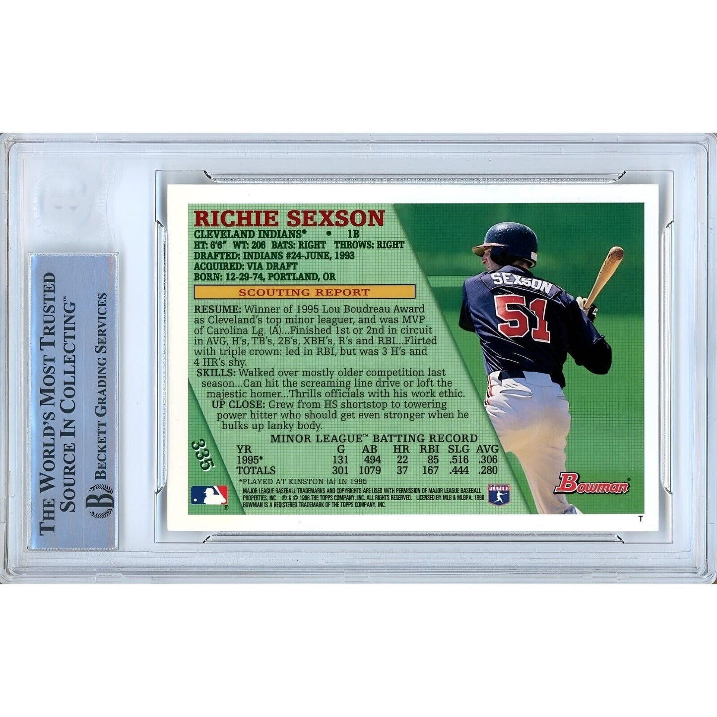 Richie Sexson Cleveland Indians Signed 1996 Bowman Rookie Card Beckett Auth Auto Slab
