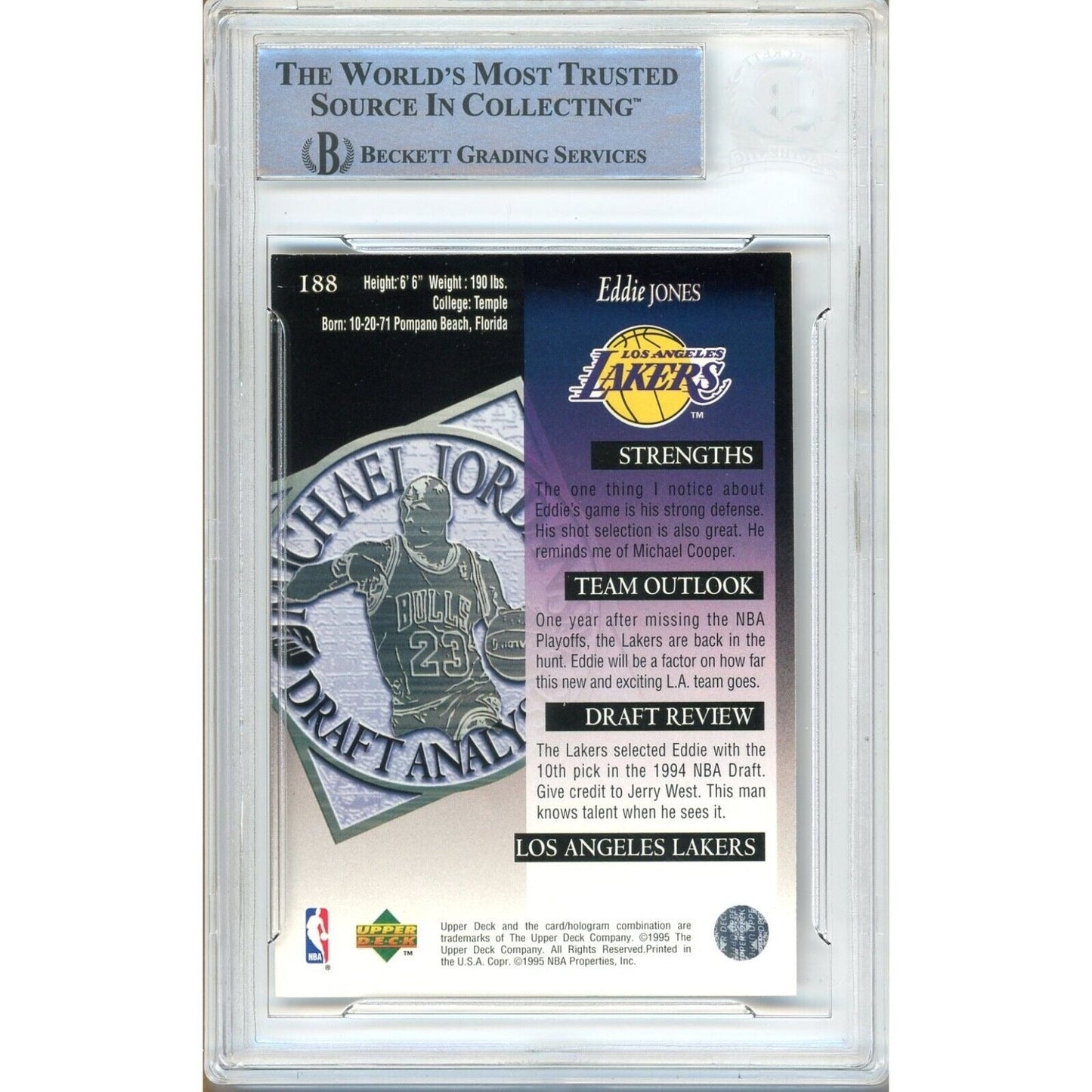1994-95 Upper Deck #188 — Eddie Jones LA Lakers Autographed Trading Card — Beckett Authentication