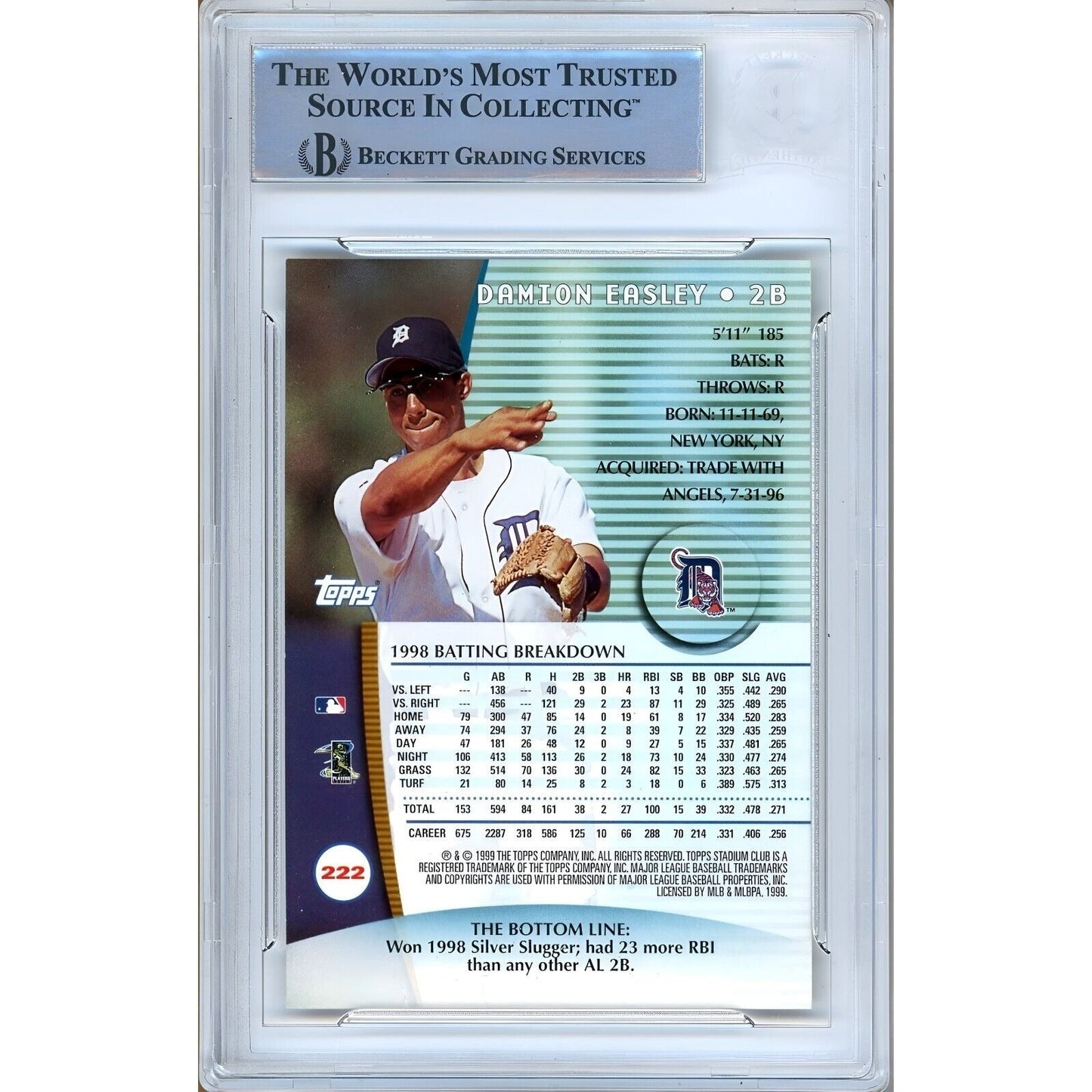 1999 Topps Stadium Club #222 — Damion Easley Detroit Tigers Autographed Trading Card — Beckett Authentication