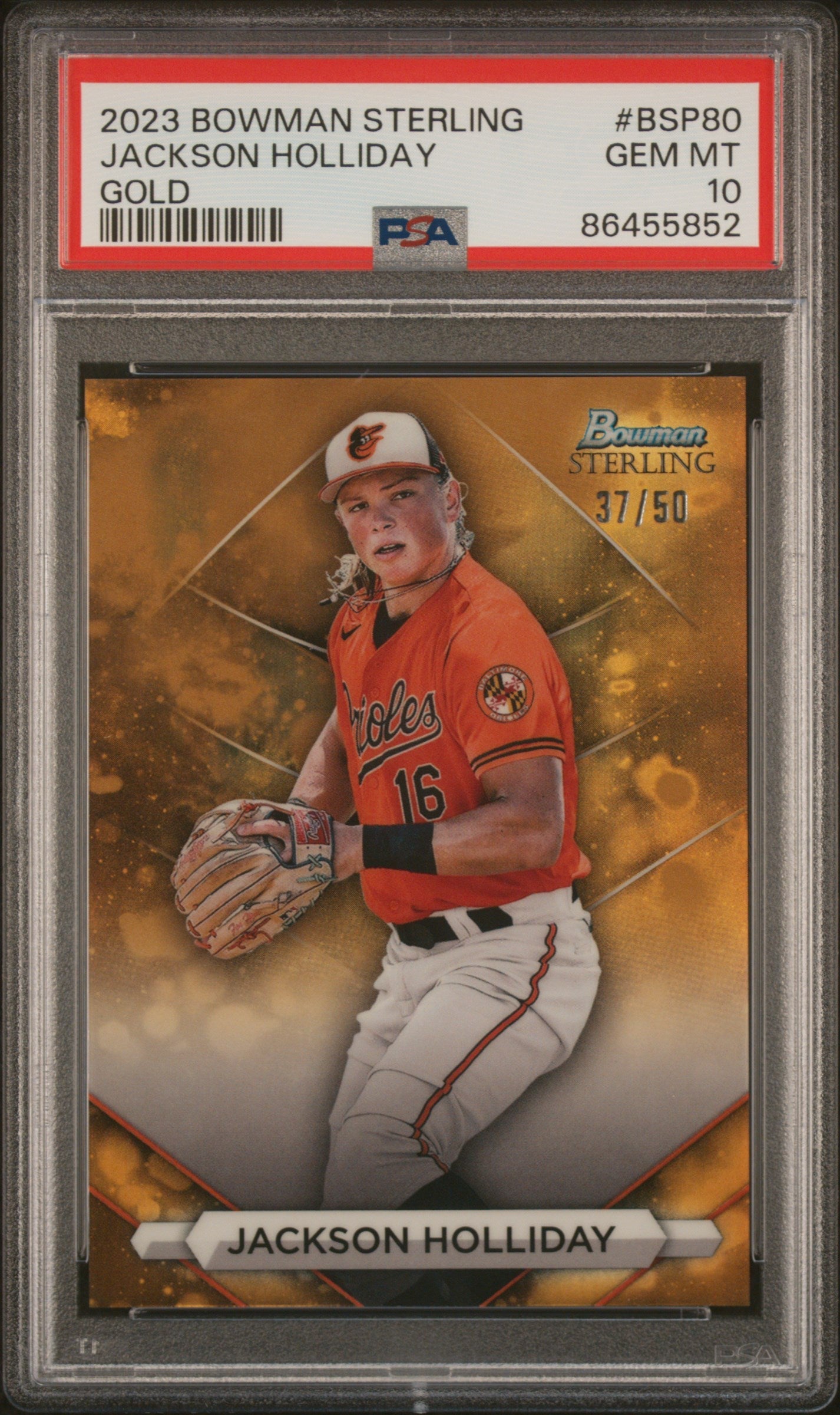 Graded 2023 Topps Bowman Sterling Jackson Holliday #BSP80 Gold /50 Rookie RC Baseball Card PSA 10 Gem Mint