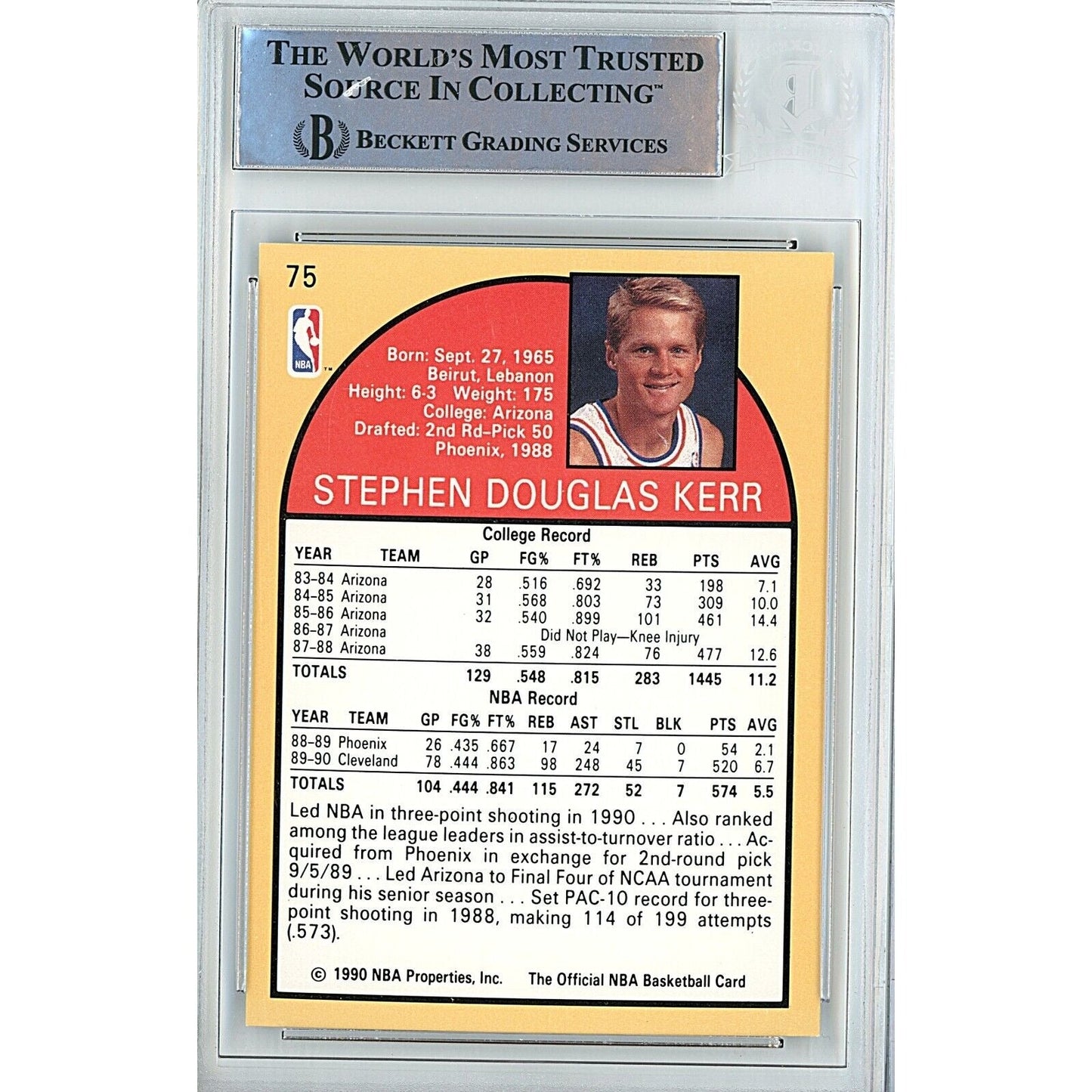 Steve Kerr Cleveland Cavaliers Signed 1990-91 NBA Hoops Card Beckett Authentic Auto Slab