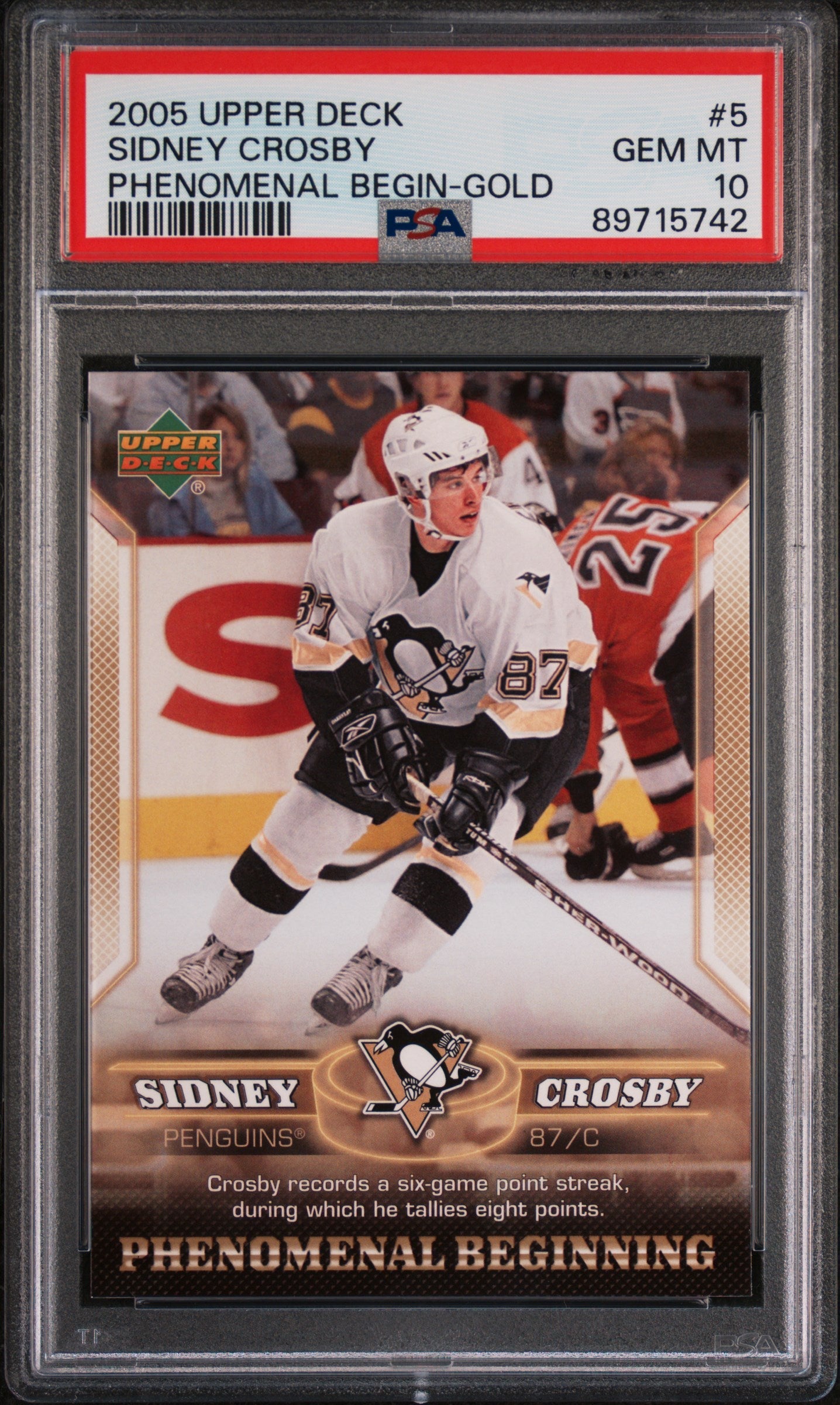 Graded 2005-06 Upper Deck Sidney Crosby #5 Phenomenal Beginning Gold Rookie RC Hockey Card PSA 10 Gem Mint