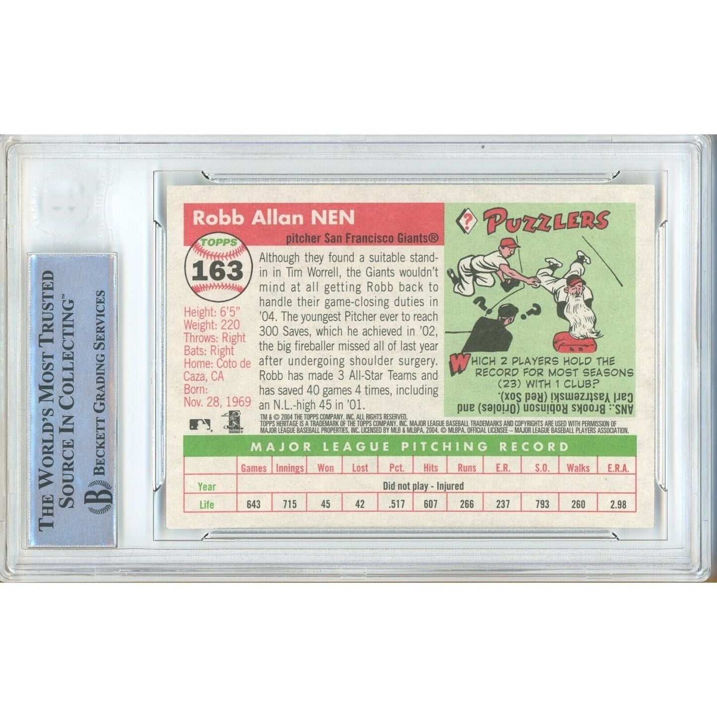 Robb Nen San Francisco Giants Signed 2004 Topps Heritage Card Beckett Authentic Auto Slab