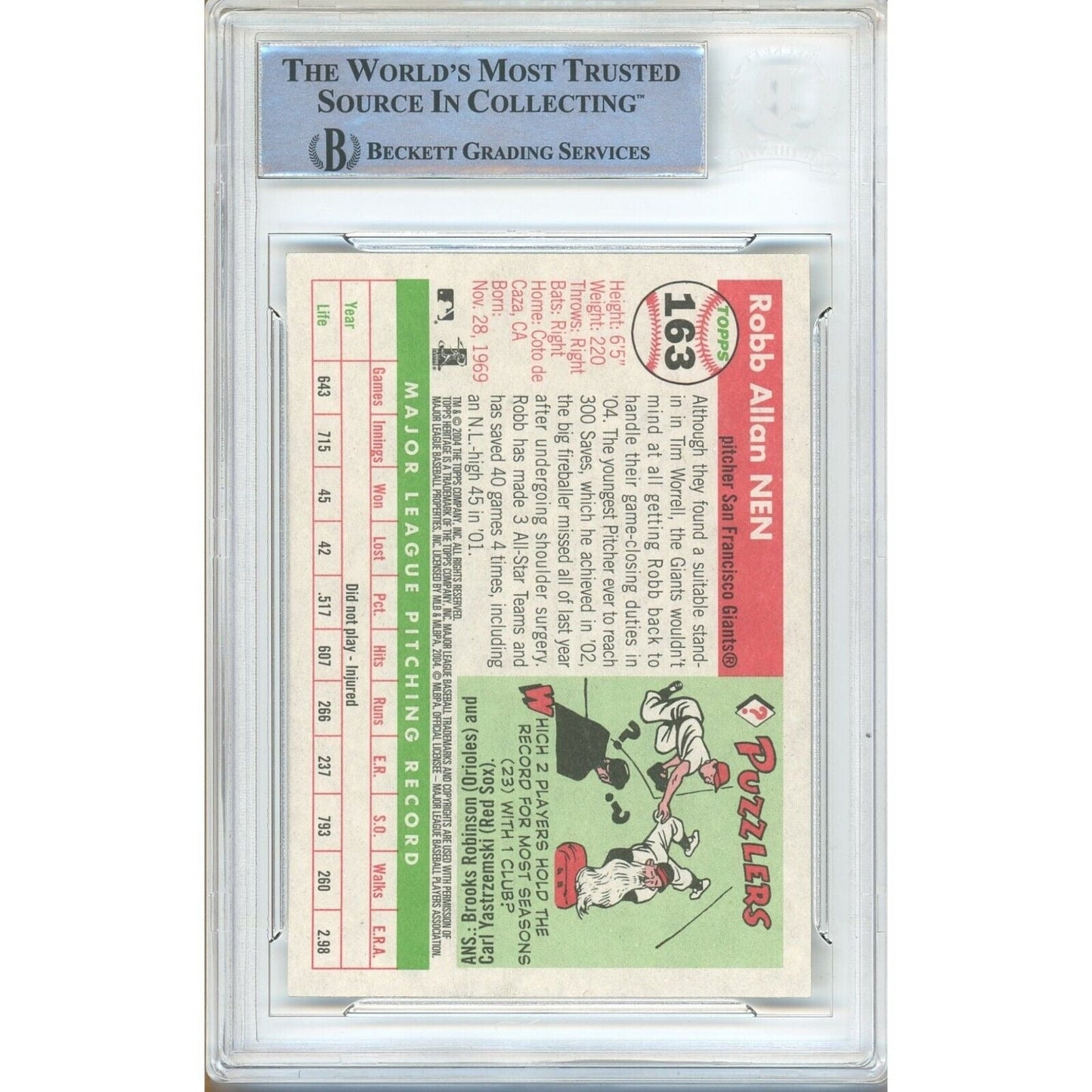 Robb Nen San Francisco Giants Signed 2004 Topps Heritage Card Beckett Authentic Auto Slab