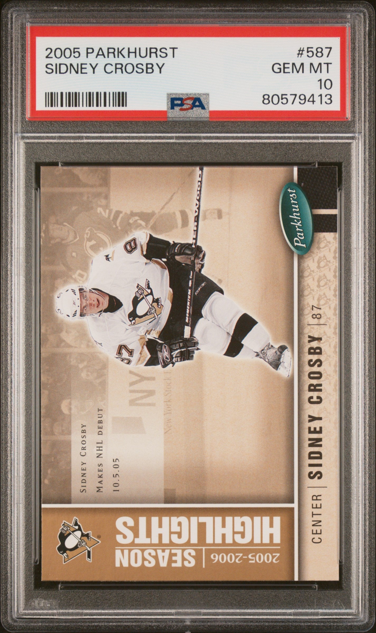 Graded 2005 Upper Deck Parkhurst Sidney Crosby #587 Makes NHL Debut Rookie RC Hockey Card PSA 10 Gem Mint
