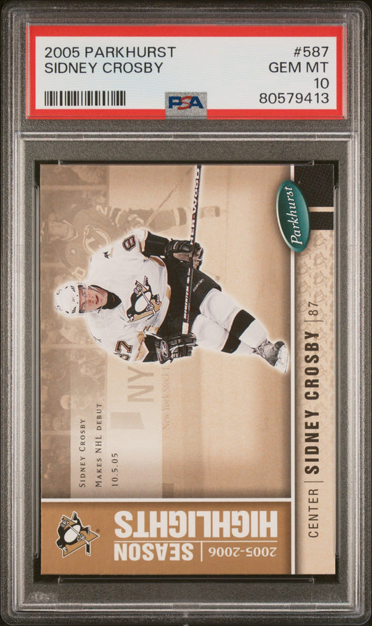 Graded 2005 Upper Deck Parkhurst Sidney Crosby #587 Makes NHL Debut Rookie RC Hockey Card PSA 10 Gem Mint
