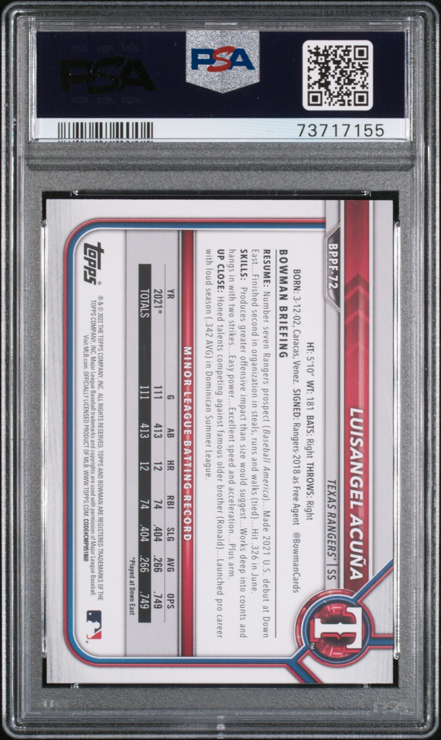 Graded 2022 Topps Bowman 1st Edition Luisangel Acuna #BPPF72 Sky Blue Foil Rookie RC Baseball Card PSA 10 Gem Mint