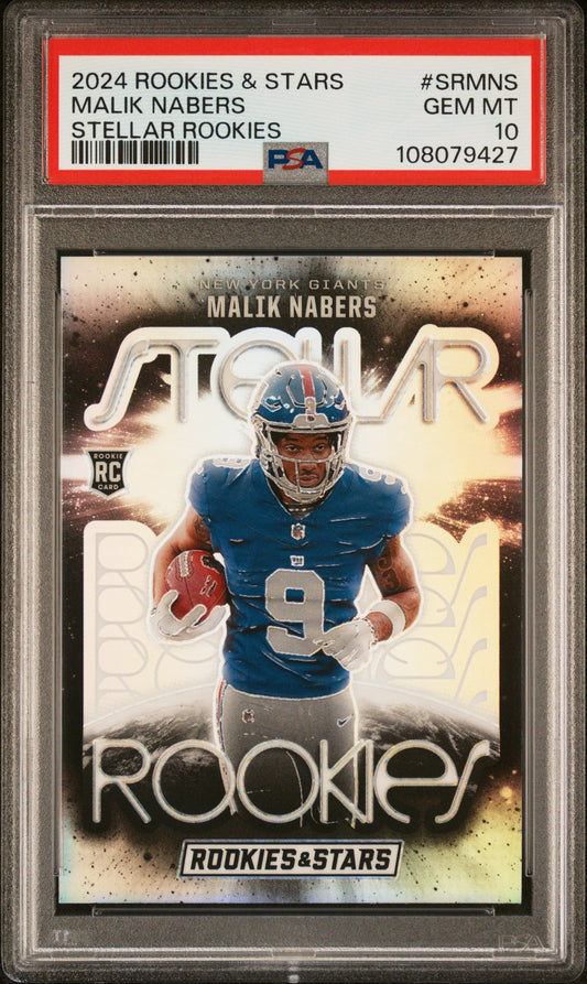 Graded 2024 Panini Rookies & Stars Malik Nabers #SRMNS Stellar Rookies Rookie RC Football Card PSA 10 Gem Mint