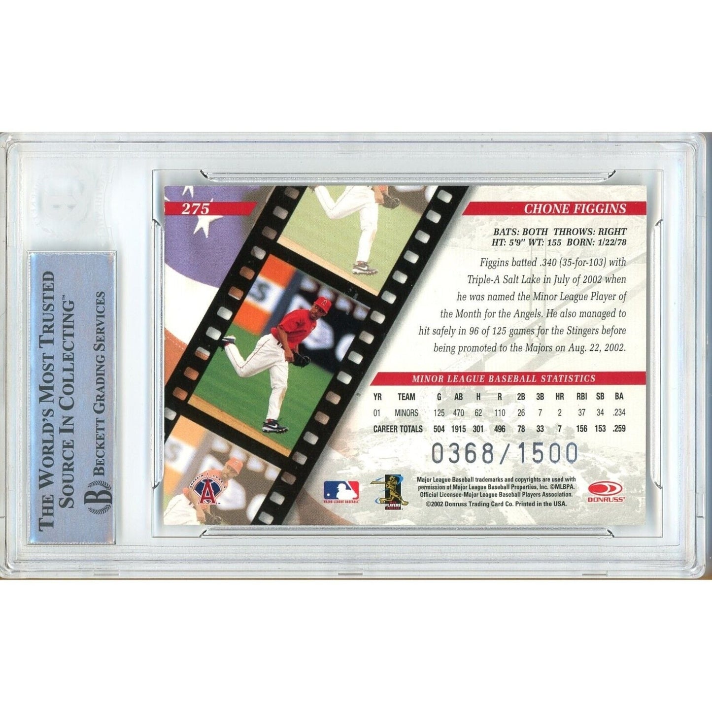 2002 Donruss Studio Rookies #275 — Chone Figgins Los Angeles Angels Autographed Trading Card — Beckett Authentication