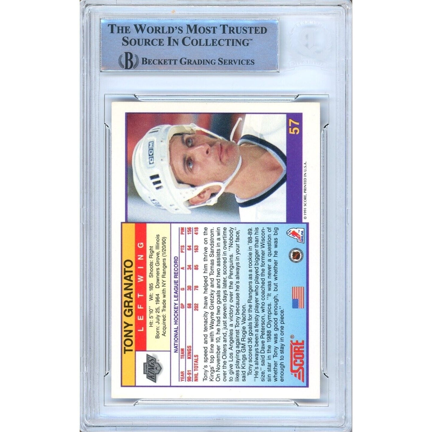 Tony Granato Los Angeles Kings Signed 1991-92 Score Hockey Card Beckett Auth Auto Slab