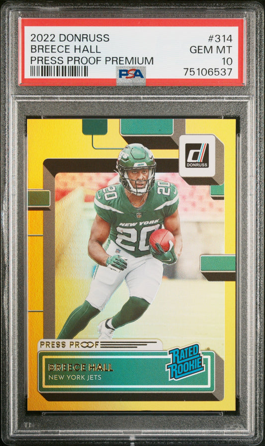 Graded 2022 Panini Donruss Breece Hall #314 Press Proof Premium Rookie RC Football Card PSA 10 Gem Mint - Sport Cards