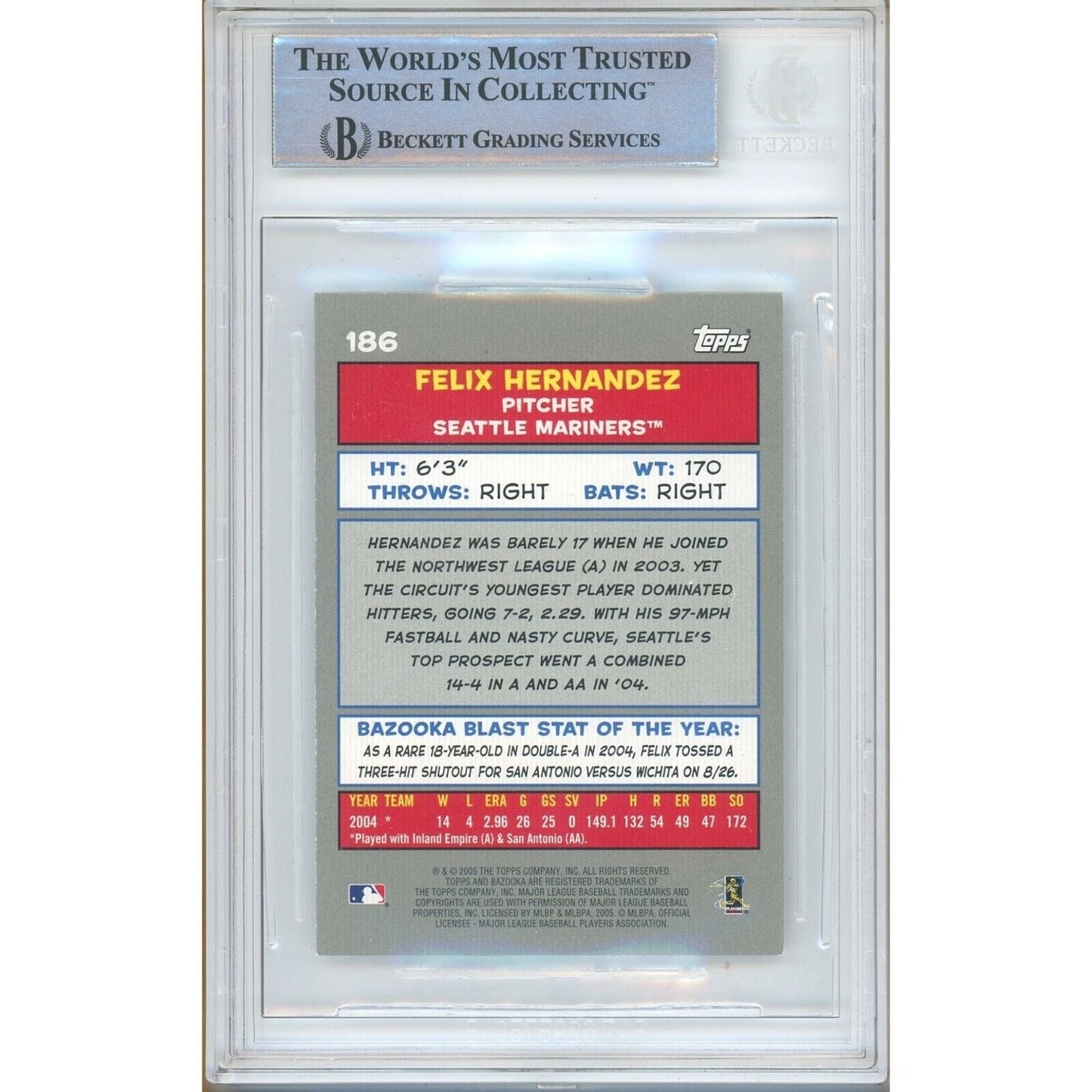 2005 Topps Bazooka Mini #186 — Felix Hernandez Seattle Mariners Autographed Trading Card — Beckett Authentication