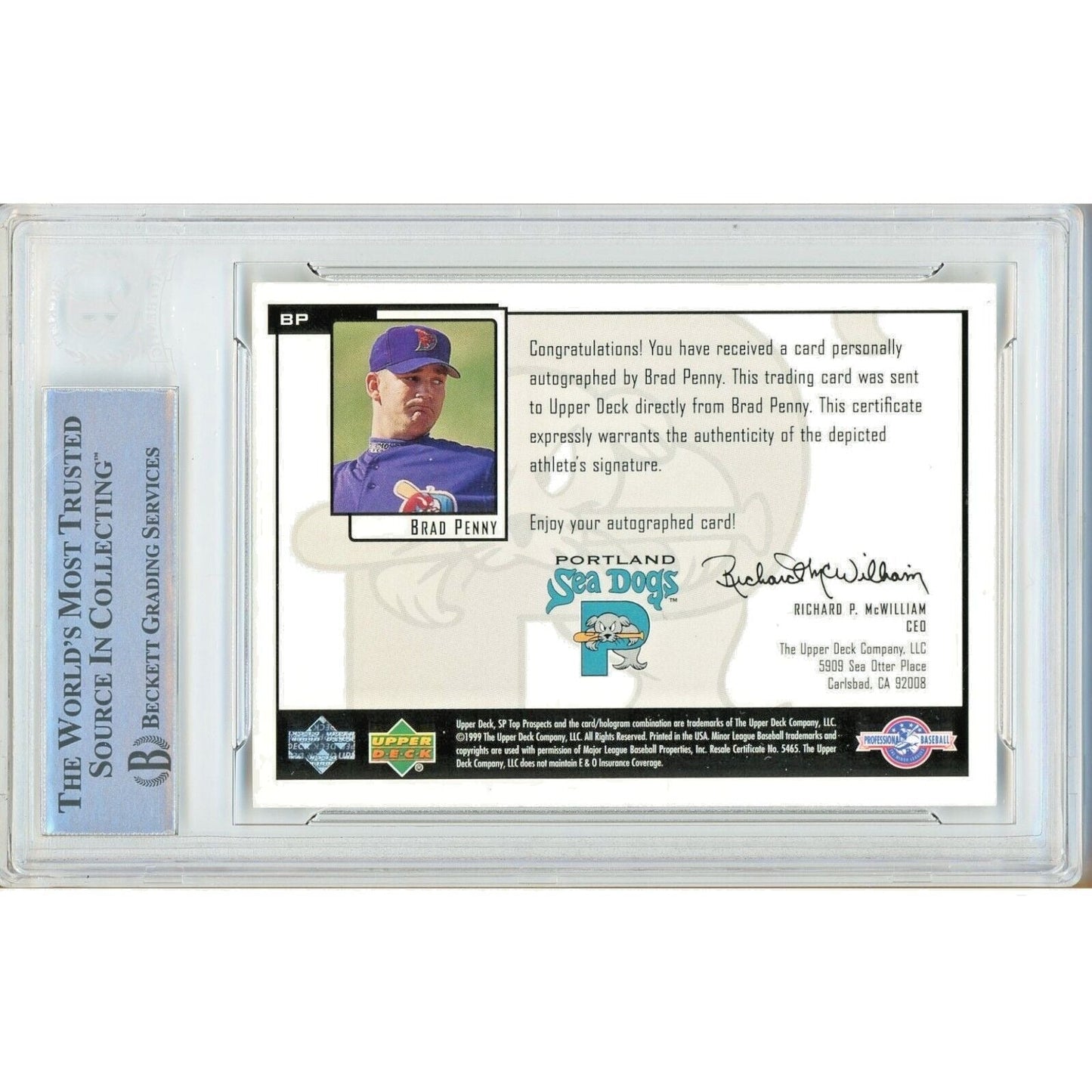 2000 SP Top Prospects Chirography #BP— Brad Penny AZ Diamondbacks Autographed Trading Card — Beckett Authentication