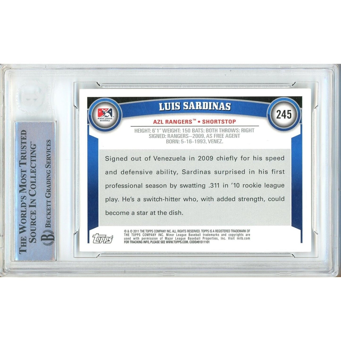 2011 Topps Pro Debut RC #245 — Luis Sardinas Texas Rangers Autographed Trading Card — Beckett Authentication