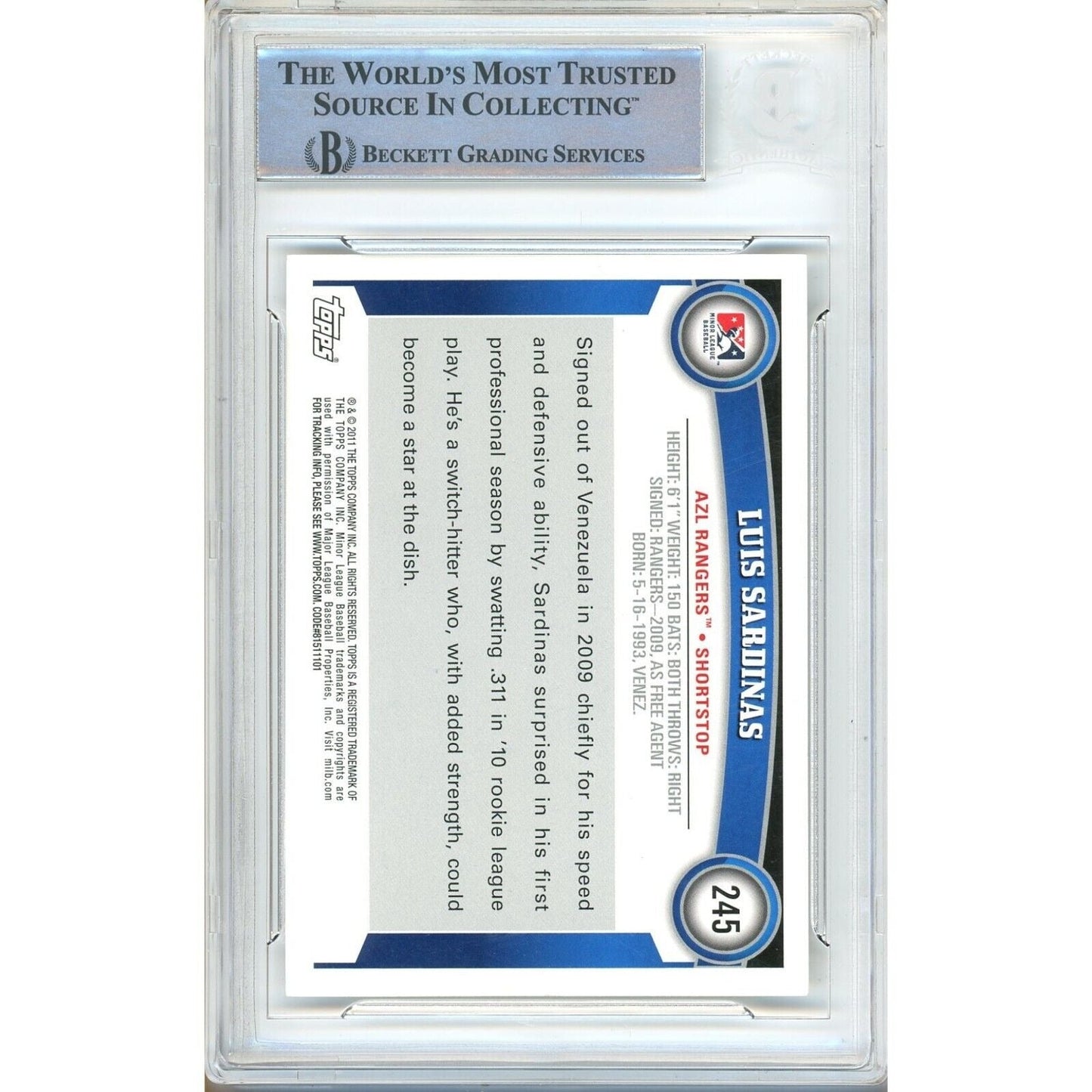 2011 Topps Pro Debut RC #245 — Luis Sardinas Texas Rangers Autographed Trading Card — Beckett Authentication