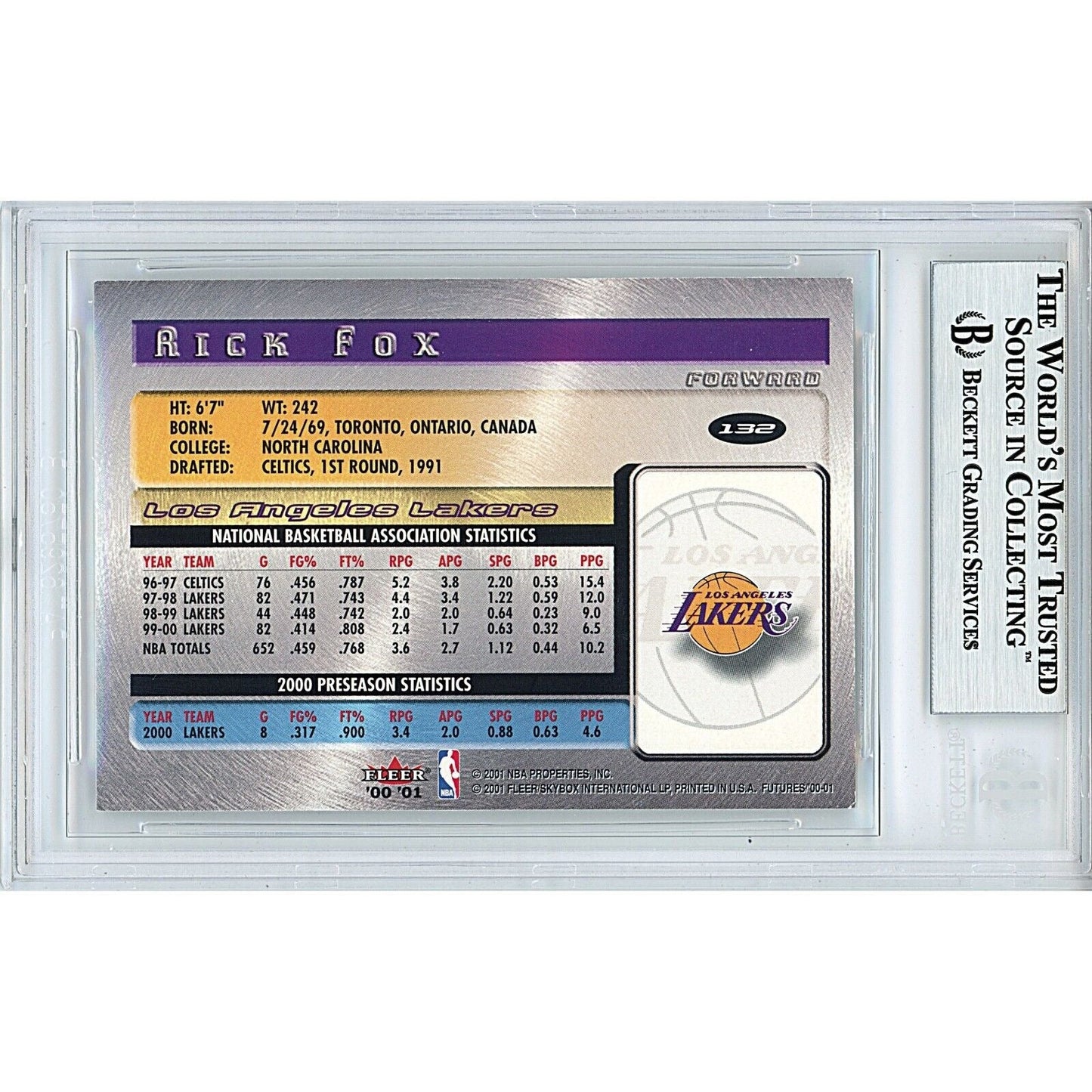Rick Fox Los Angeles Lakers Signed 2000 Fleer Basketball Card Beckett Authentic Auto Slab