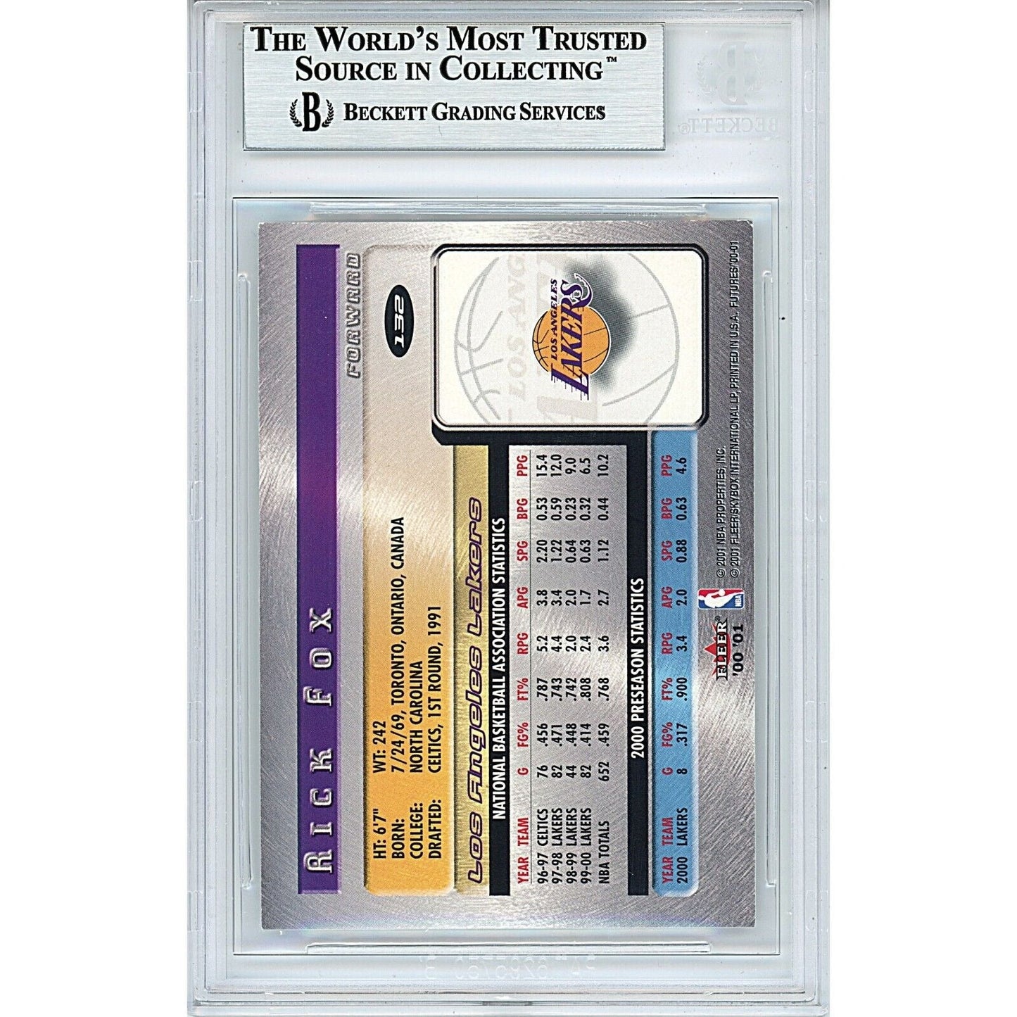 Rick Fox Los Angeles Lakers Signed 2000 Fleer Basketball Card Beckett Authentic Auto Slab