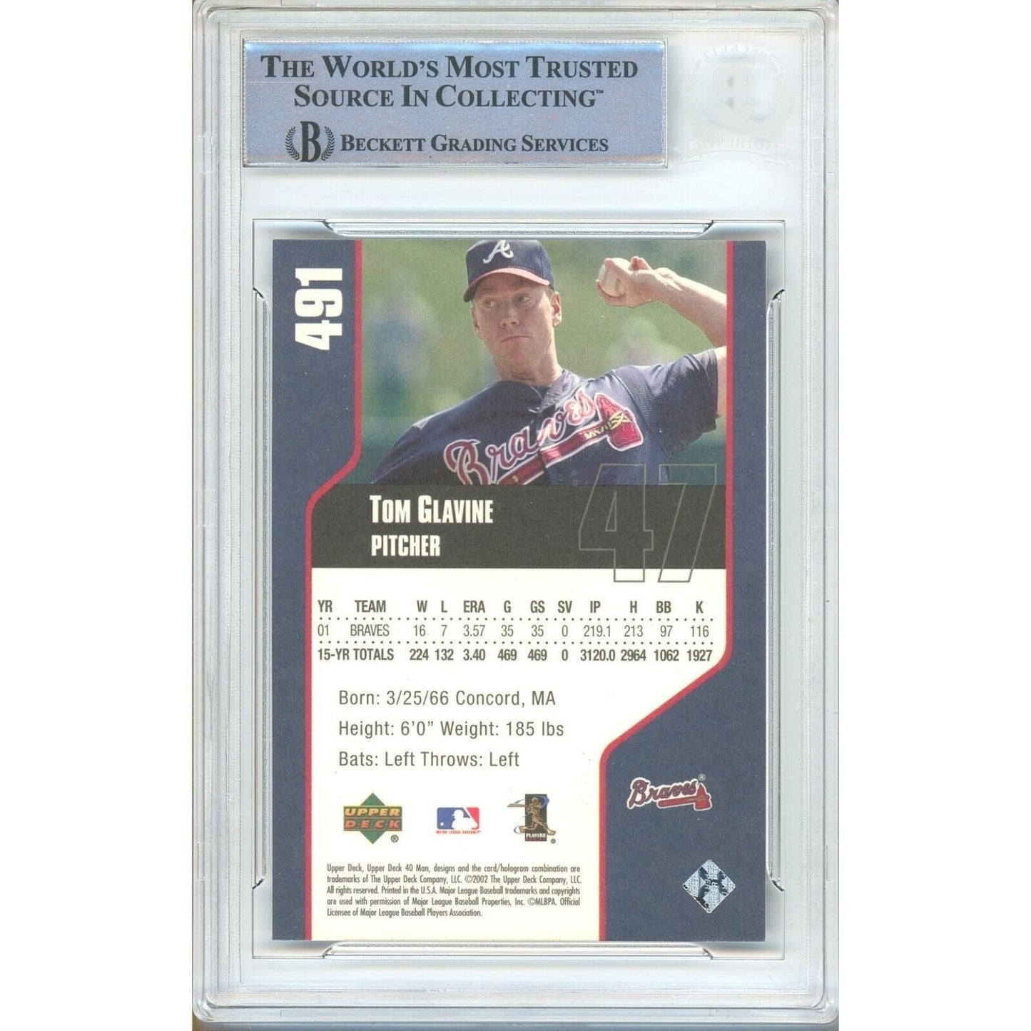 Tom Glavine Atlanta Braves Signed 2002 Upper Deck 40 Man Card Beckett Auth Auto Slab