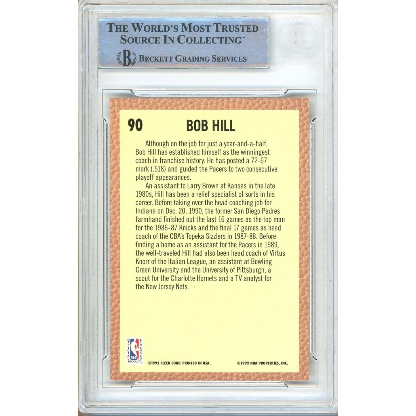 1992-93 Fleer #90 — Bob Hill Indiana Pacers Autographed Trading Card — Beckett Authentication