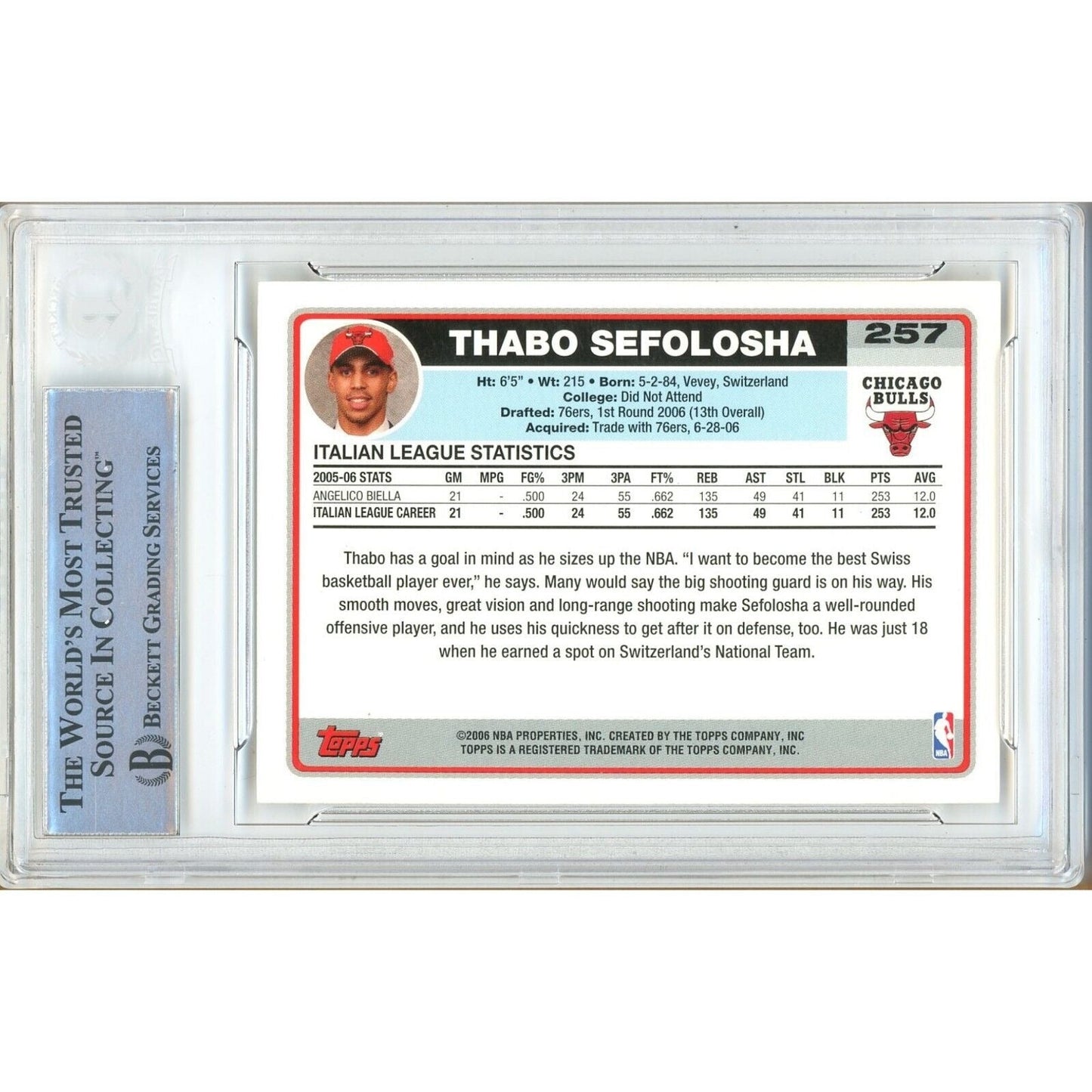 Thabo Sefolosha Chicago Bulls Signed 2006-07 Topps Basketball Card Beckett Auth Auto Slab