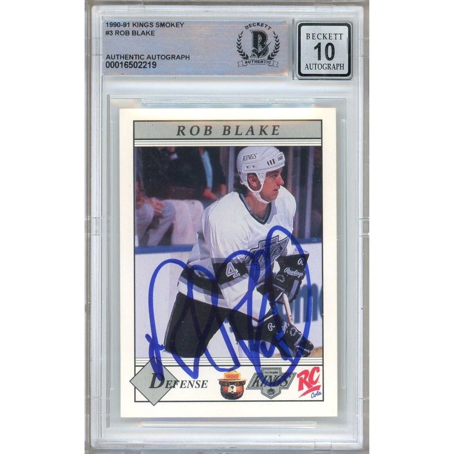 Rob Blake Los Angeles Kings Signed 1990-91 Smokey Hockey Card BGS Auto 10 Graded Slab