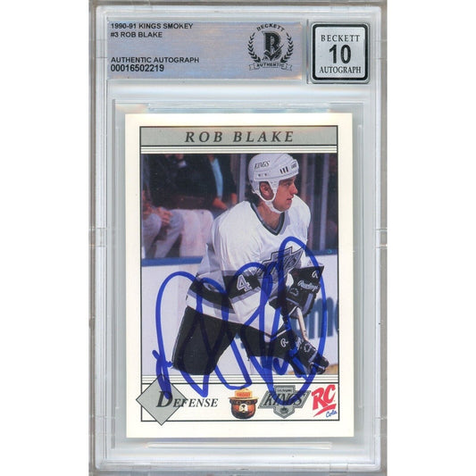 Rob Blake Los Angeles Kings Signed 1990-91 Smokey Hockey Card BGS Auto 10 Graded Slab
