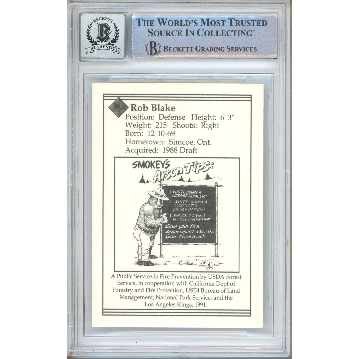 Rob Blake Los Angeles Kings Signed 1990-91 Smokey Hockey Card BGS Auto 10 Graded Slab