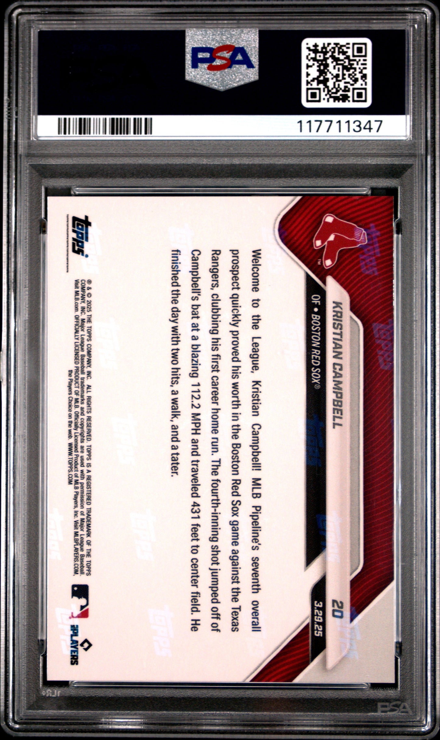 Graded 2025 Topps Now Kristian Campbell #20 Red Foil /5 Rookie RC Baseball Card PSA 10 Gem Mint