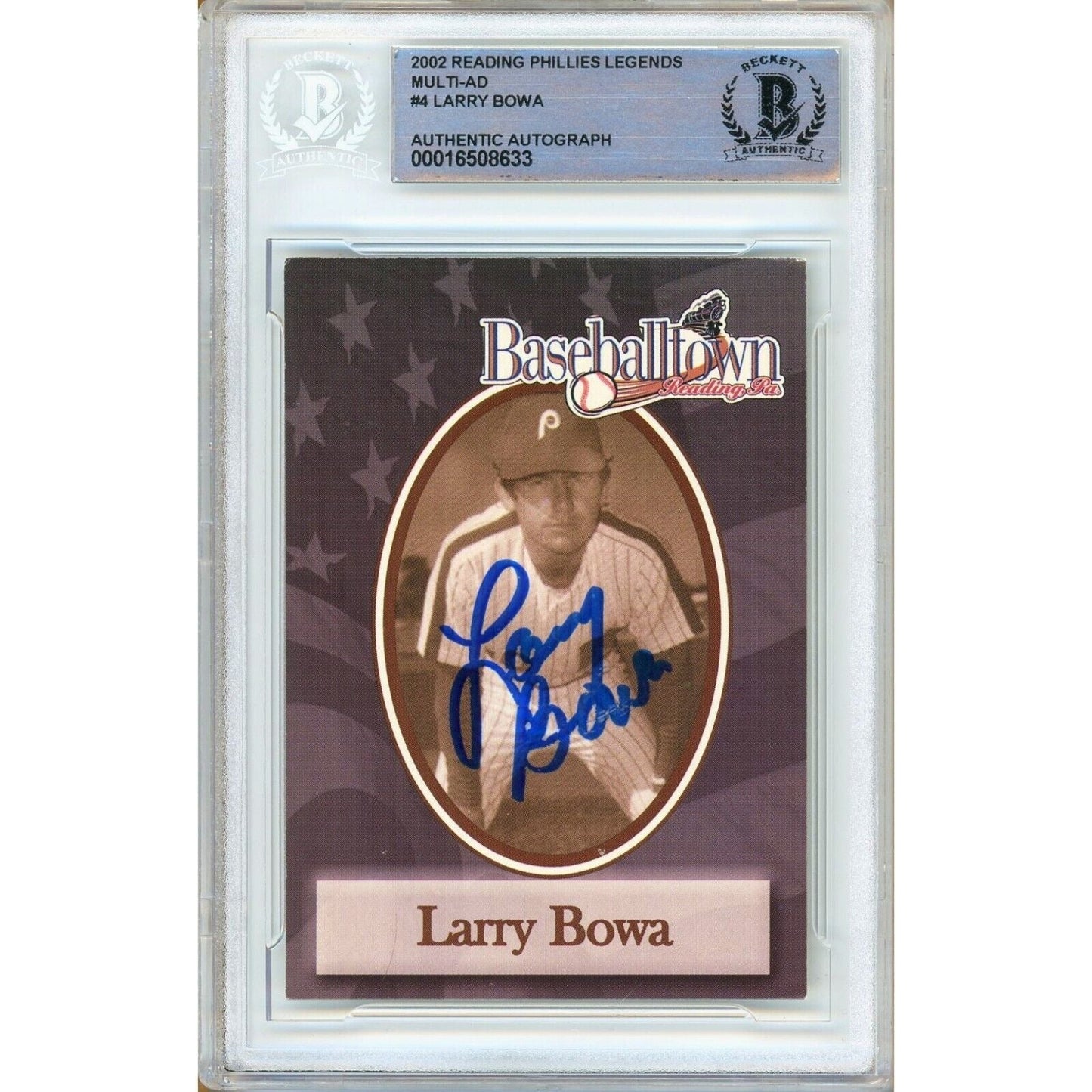 2002 Reading Phils Legends #4 — Larry Bowa Autographed Slabbed Trading Card — Beckett Authentication