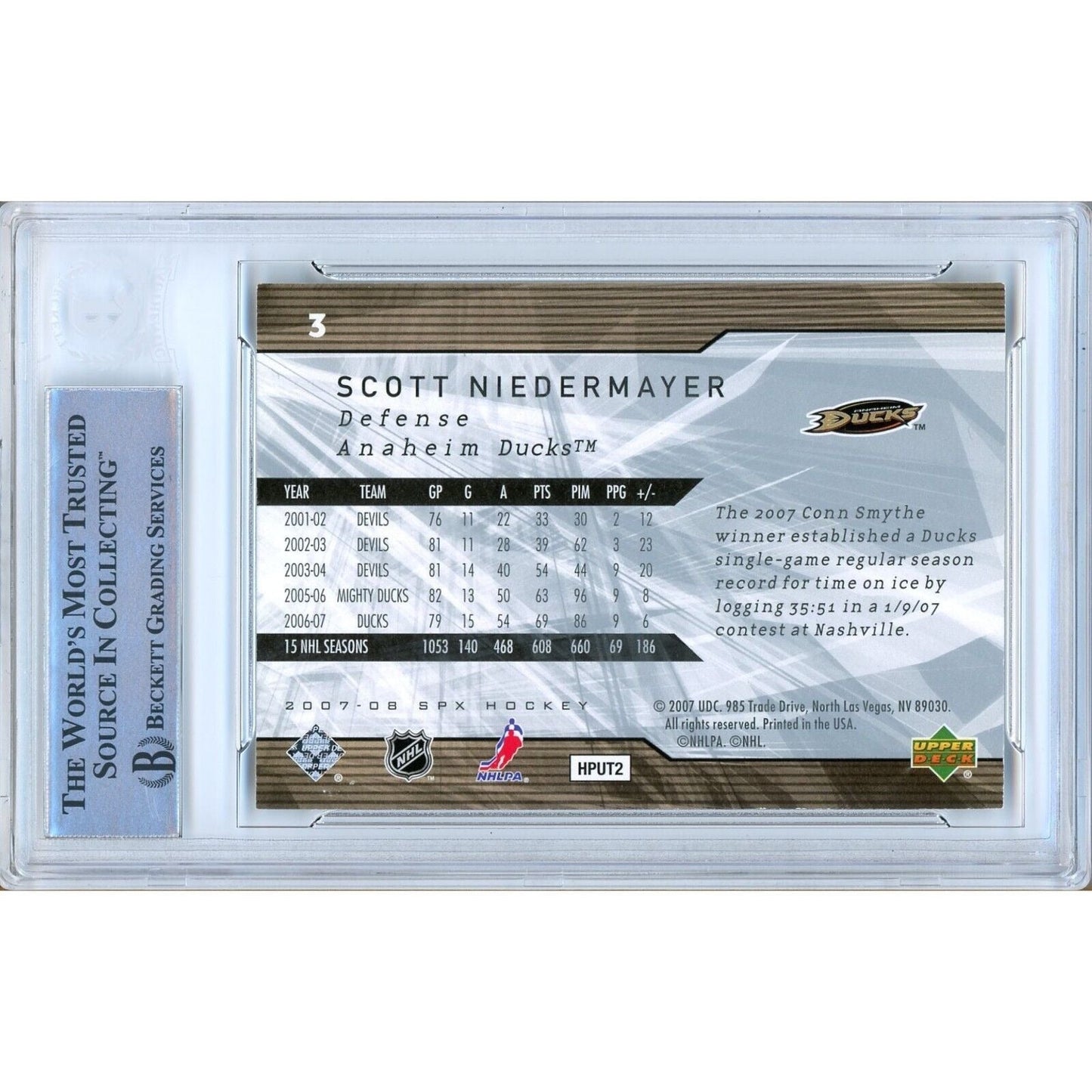 Scott Niedermayer Anaheim Ducks Signed 2007-08 Upper Deck SPx Card Beckett Auth Slab