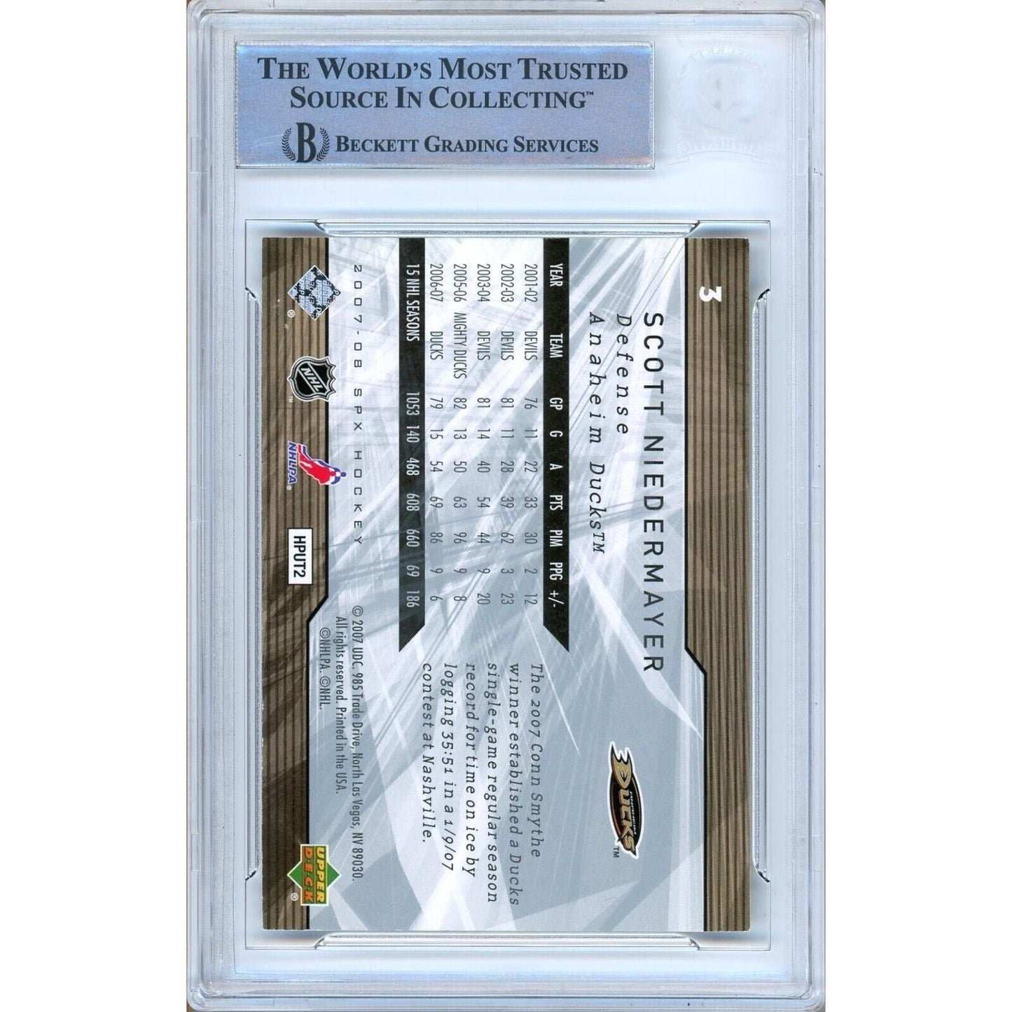 Scott Niedermayer Anaheim Ducks Signed 2007-08 Upper Deck SPx Card Beckett Auth Slab