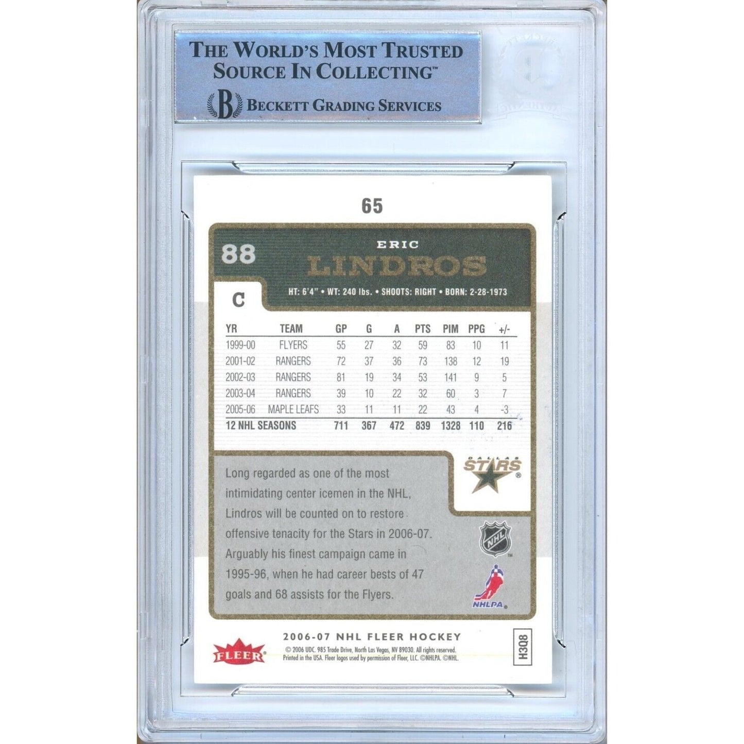 2006-07 Fleer #65 — Eric Lindros Dallas Stars Autographed Trading Card — Beckett Authentication