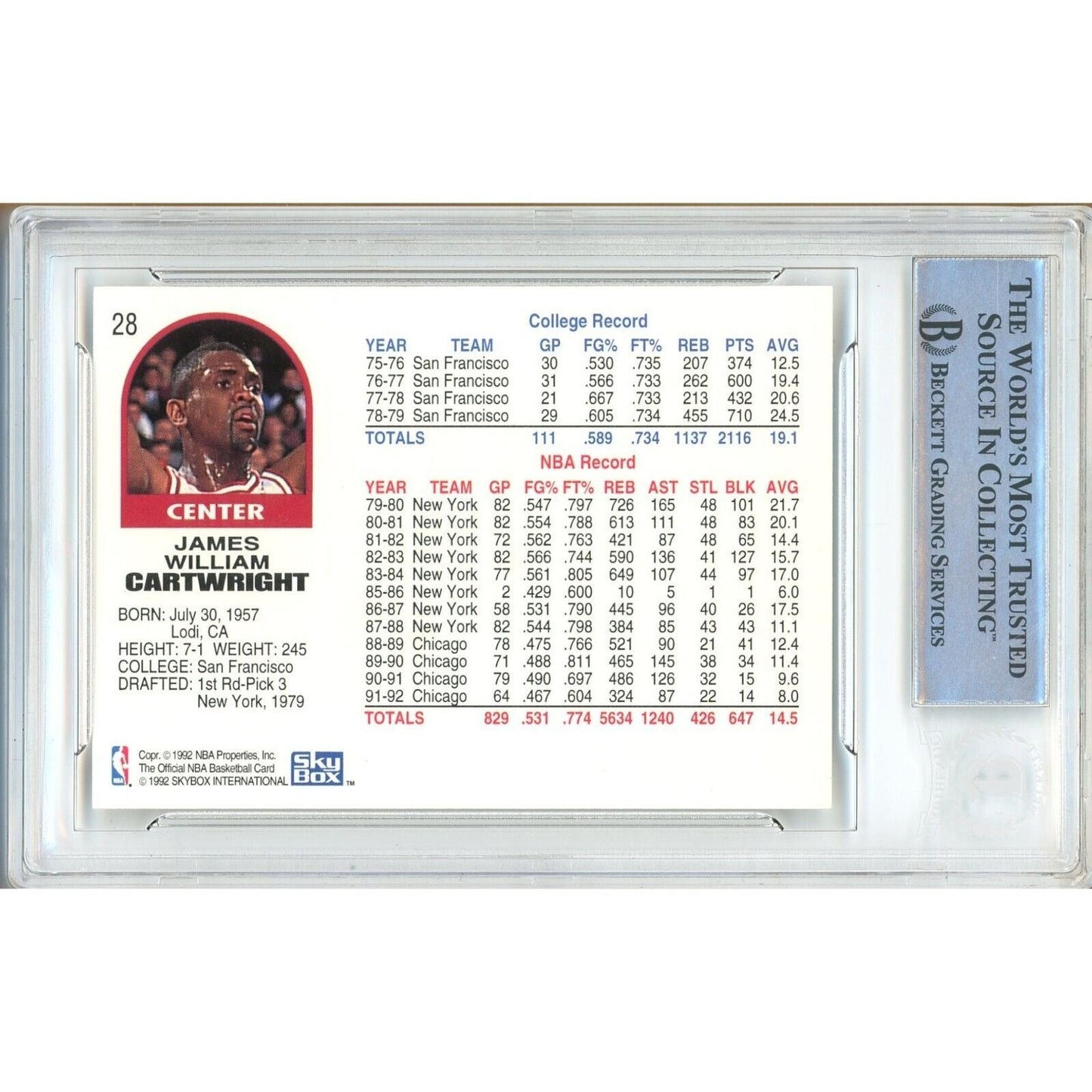 1992-93 NBA Hoops #28 — Bill Cartwright Chicago Bulls Autographed Trading Card — Beckett Authentication