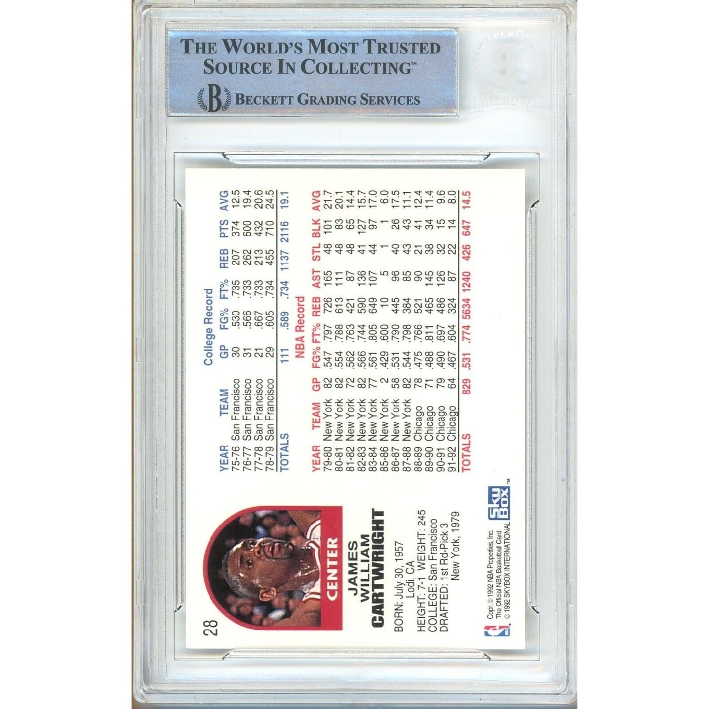 1992-93 NBA Hoops #28 — Bill Cartwright Chicago Bulls Autographed Trading Card — Beckett Authentication