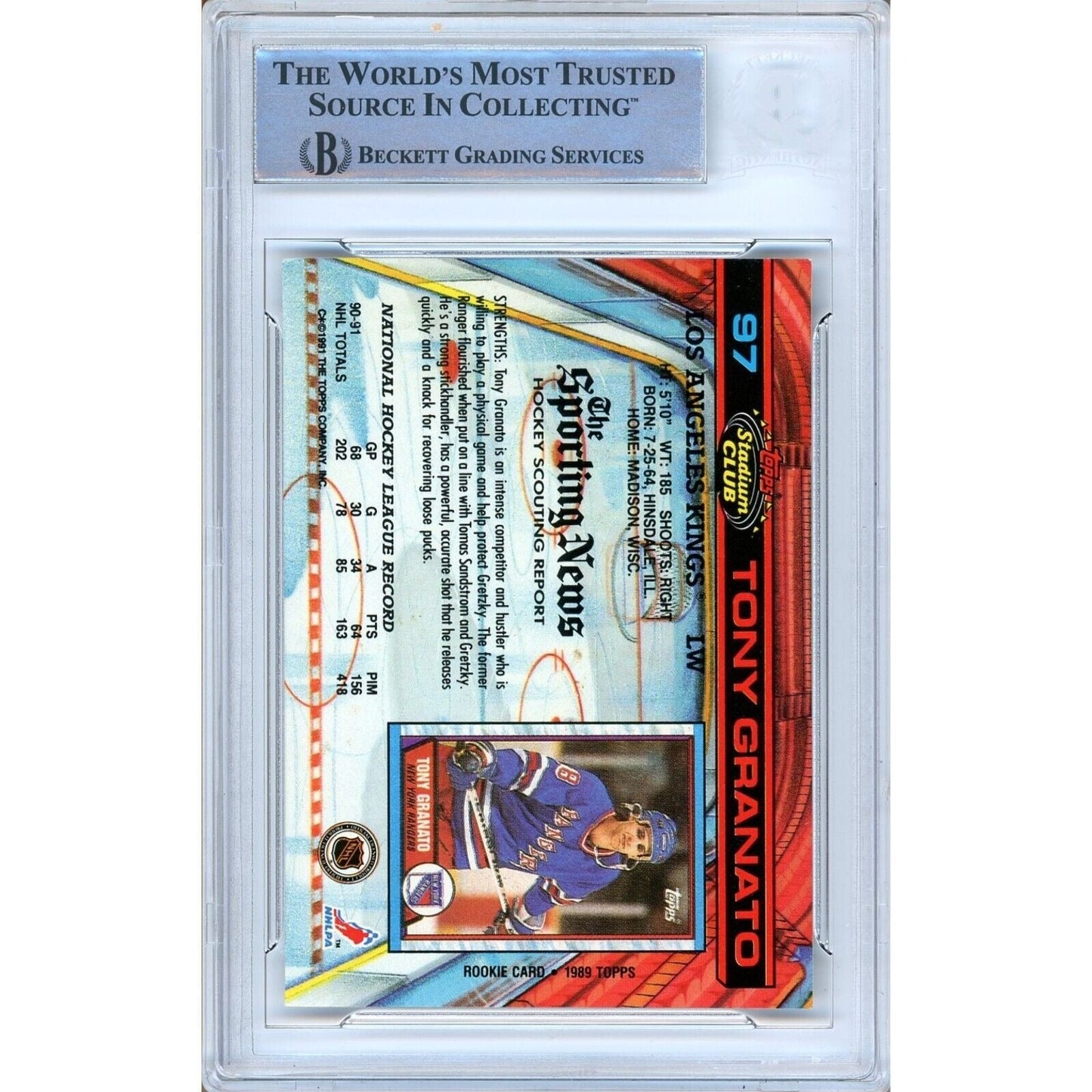 Tony Granato Los Angeles Kings Signed 1991-92 Stadium Club Card Beckett Auth Auto Slab