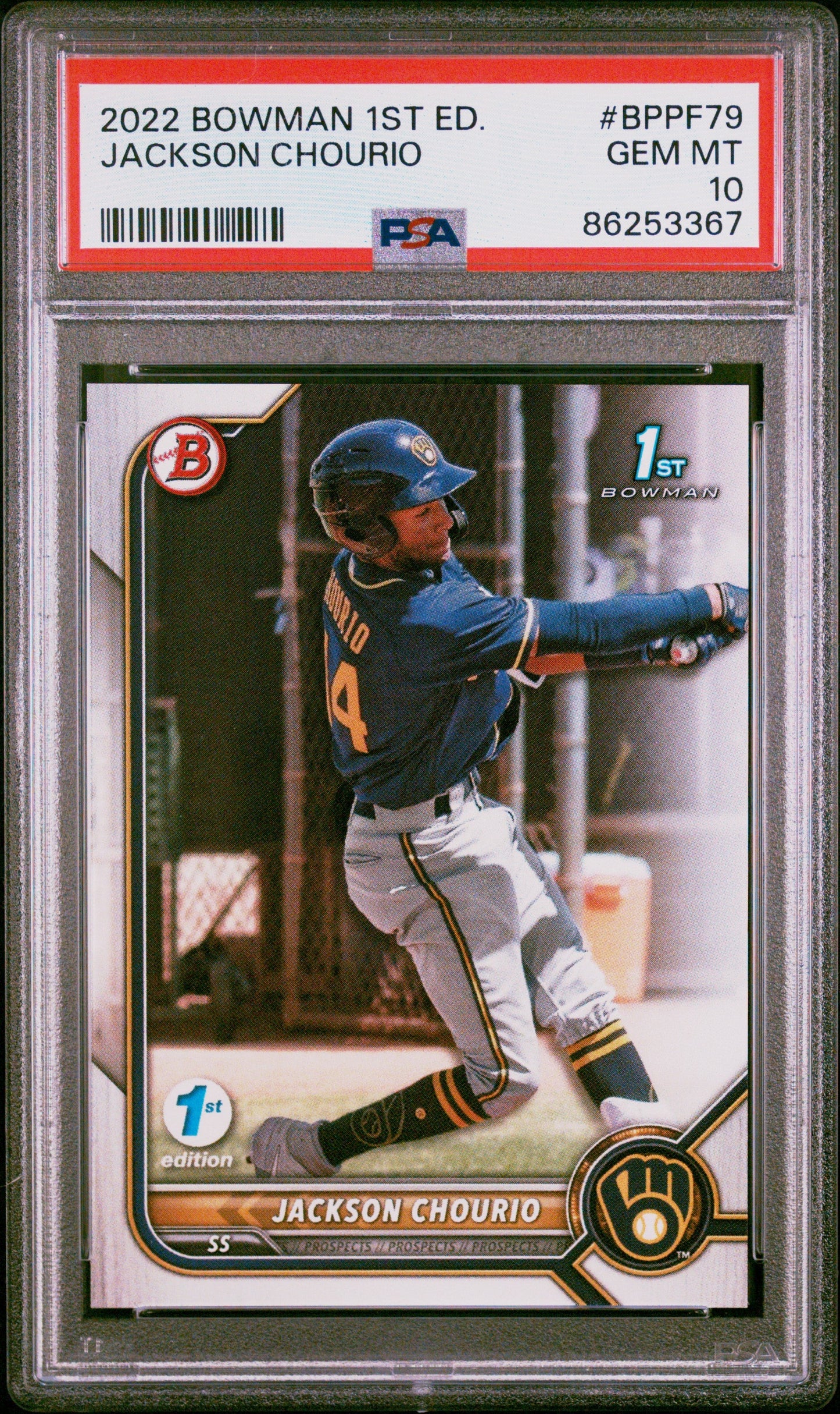 Graded 2022 Topps Bowman 1st Edition Jackson Chourio #BPPF79 Rookie RC Baseball Card PSA 10 Gem Mint