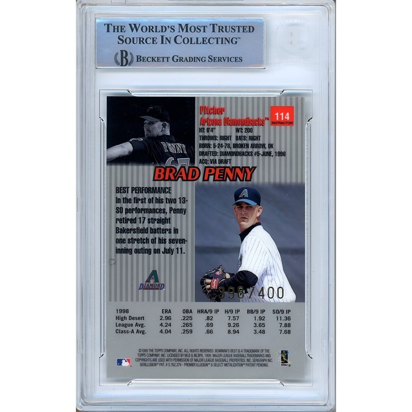1999 Bowman Best Refractors #114 — Brad Penny AZ Diamondbacks Autographed Trading Card — Beckett Authentication