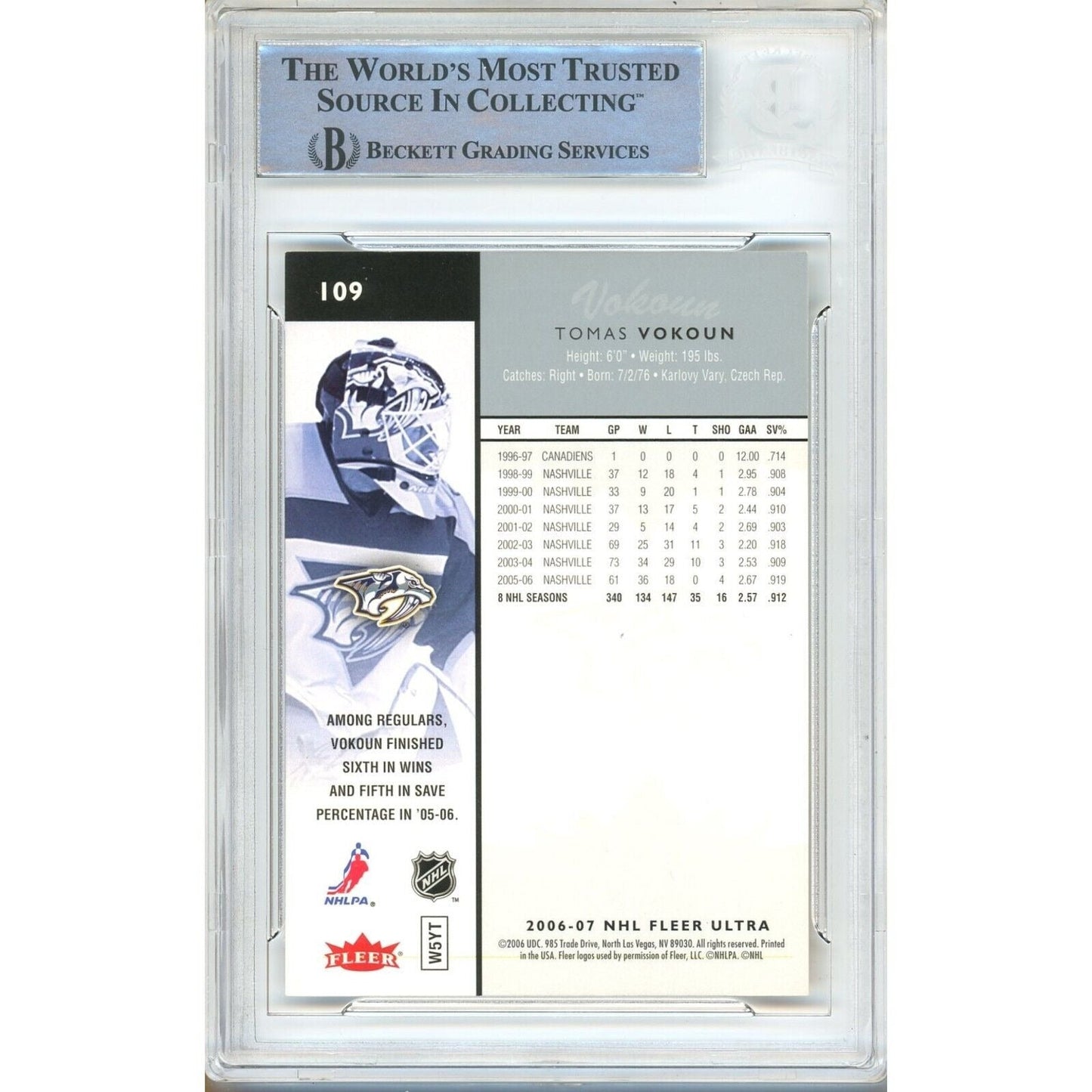 Tomas Vokoun Nashville Predators Signed 2006-07 Fleer Ultra Hockey Card Beckett Auto Slab