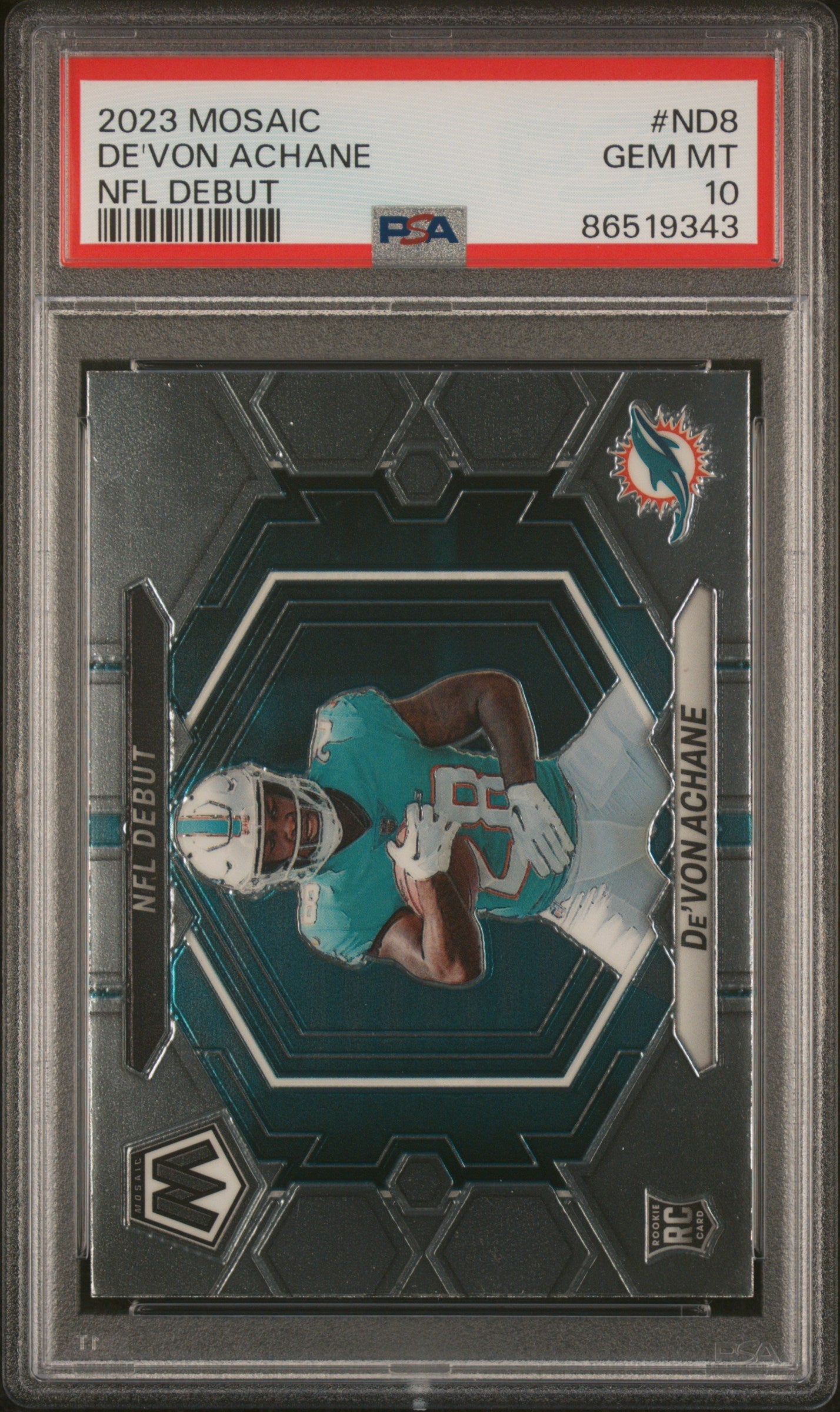 Graded 2023 Panini Mosaic Devon Achane #ND8 NFL Debut Rookie RC Football Card PSA 10 Gem Mint