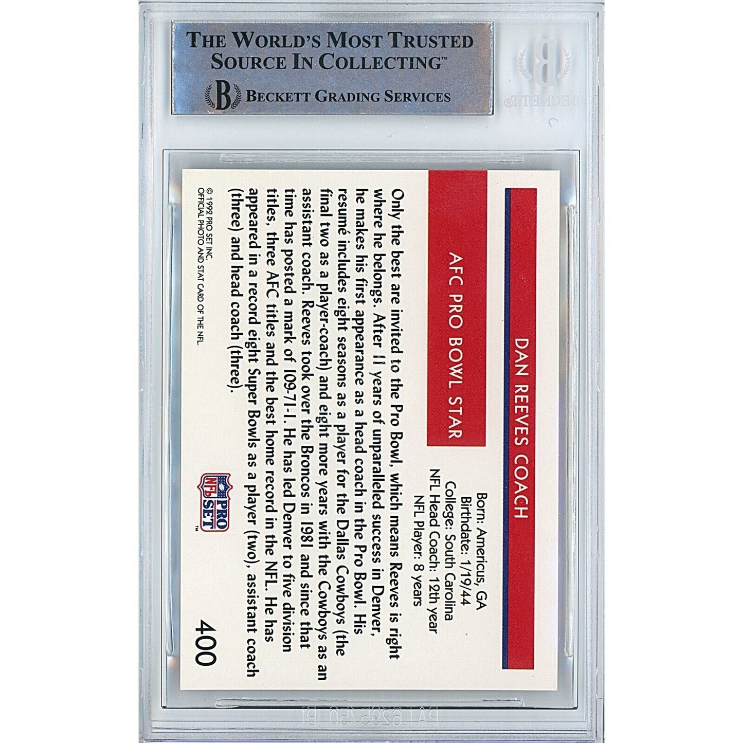 1992 NFL Pro Set #400 — Dan Reeves Denver Broncos Autographed Trading Card — Beckett Authentication
