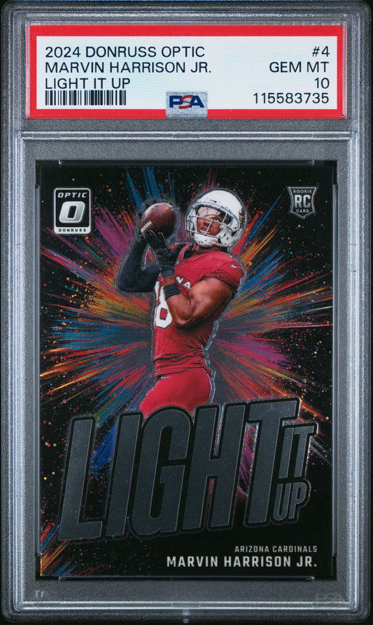 Graded 2024 Panini Donruss Optic Marvin Harrison Jr #4 Light It Up Rookie RC Football Card PSA 10 Gem Mint - Sport Cards