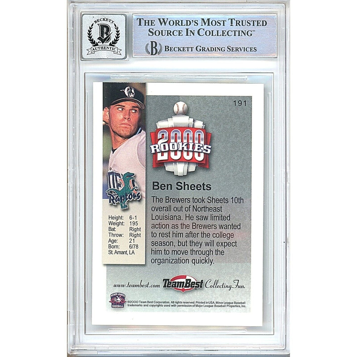 2000 Team Best #191 — Ben Sheets Milwaukee Brewers Autographed Trading Card — Beckett Authentication