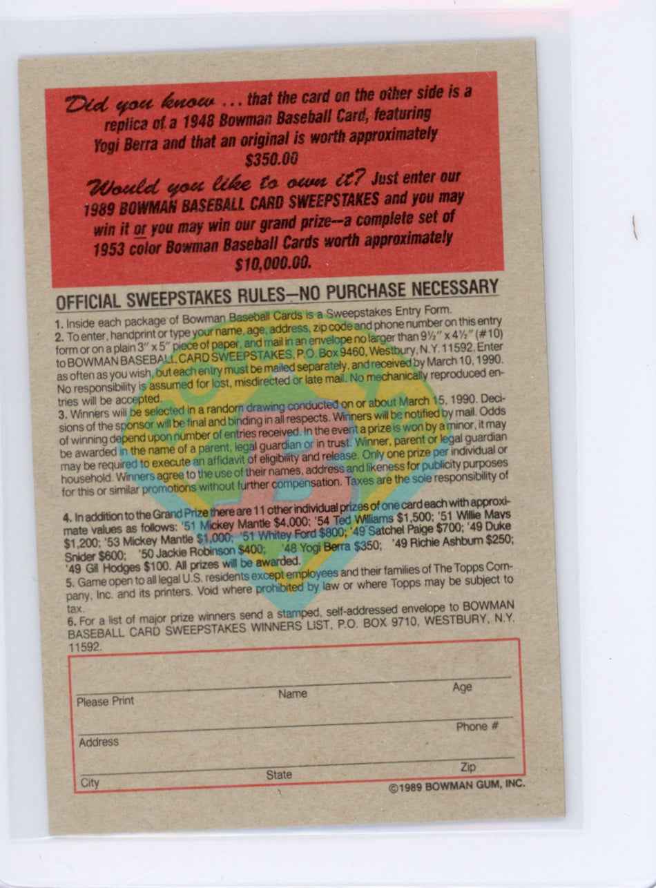 1989 Bowman Insert #2 1949 Yogi Berra Card