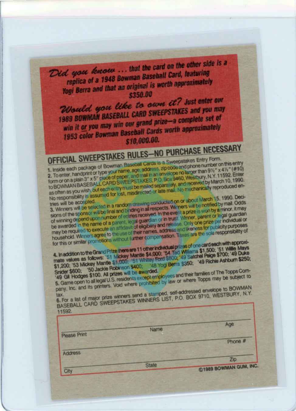 1989 Bowman Insert #2 1949 Yogi Berra Card