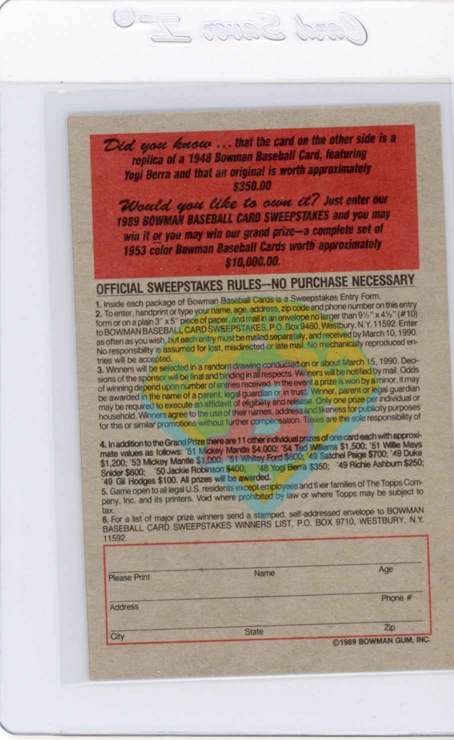 1989 Bowman Insert #2 1949 Yogi Berra Card