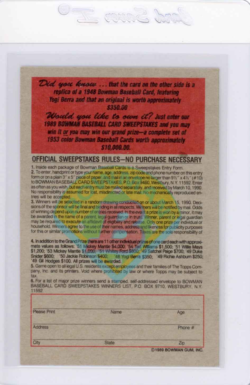 1989 Bowman Insert #2 1949 Yogi Berra Card