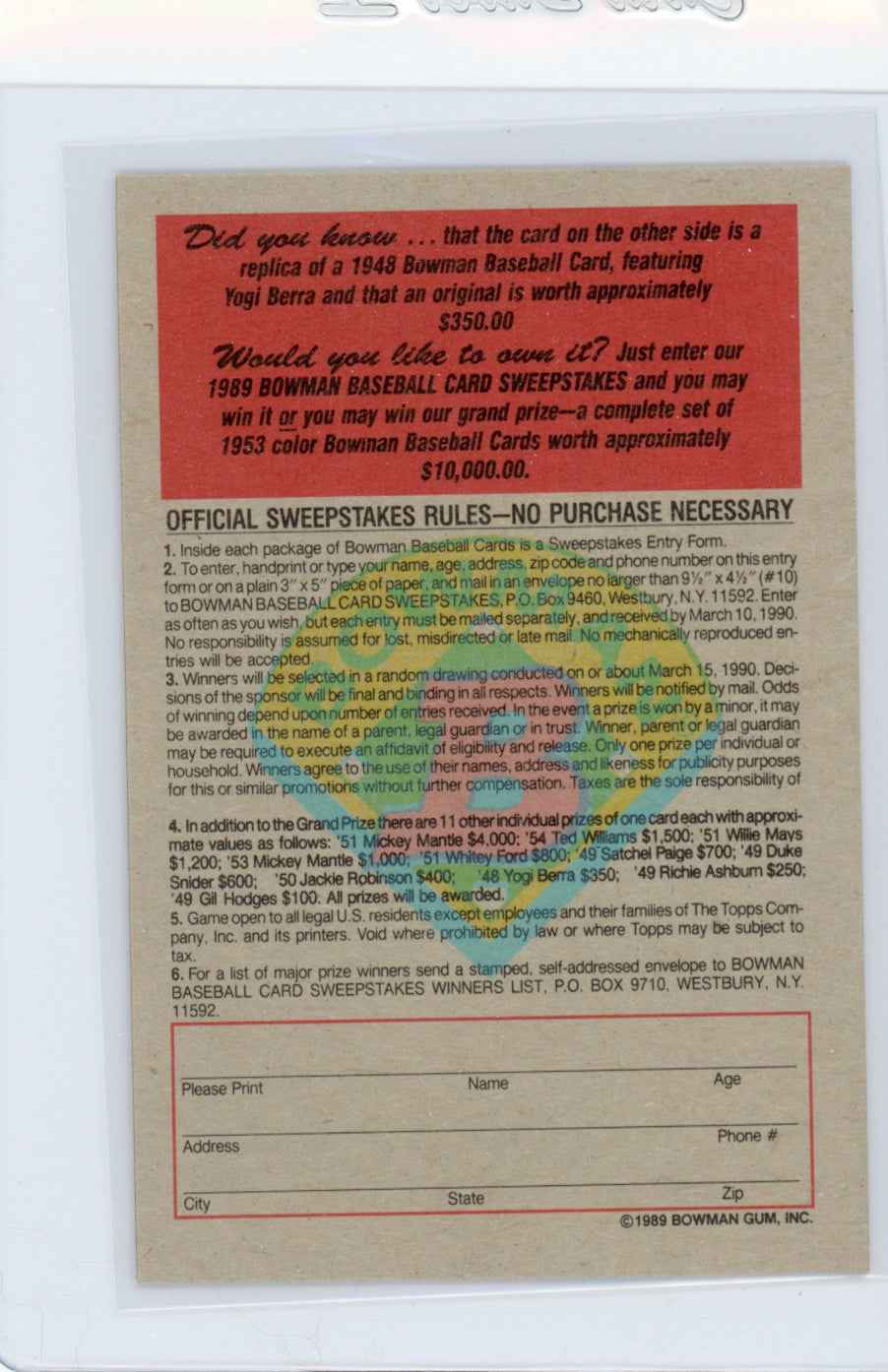 1989 Bowman Insert #2 1949 Yogi Berra Card