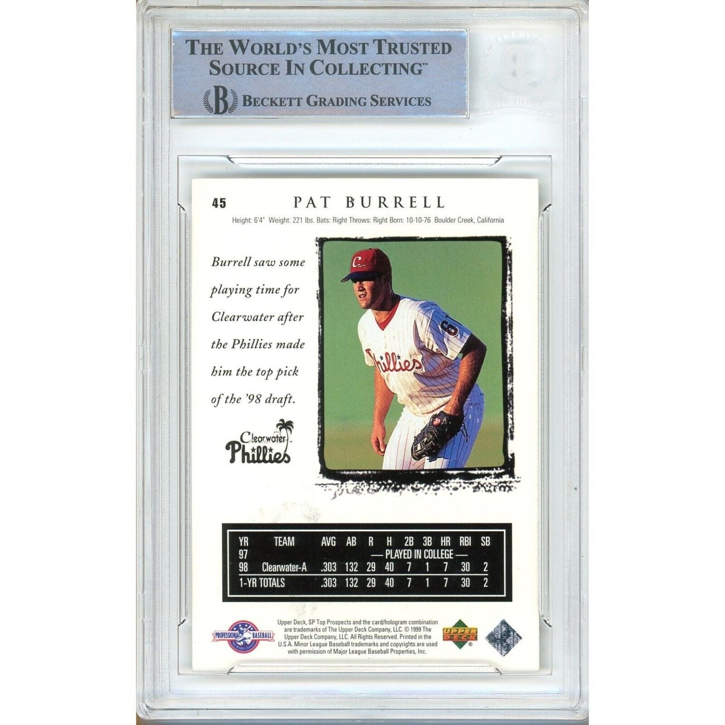 Pat Burrell Philadelphia Phillies Signed 1999 SP Top Prospects Baseball Card BAS Auth Auto