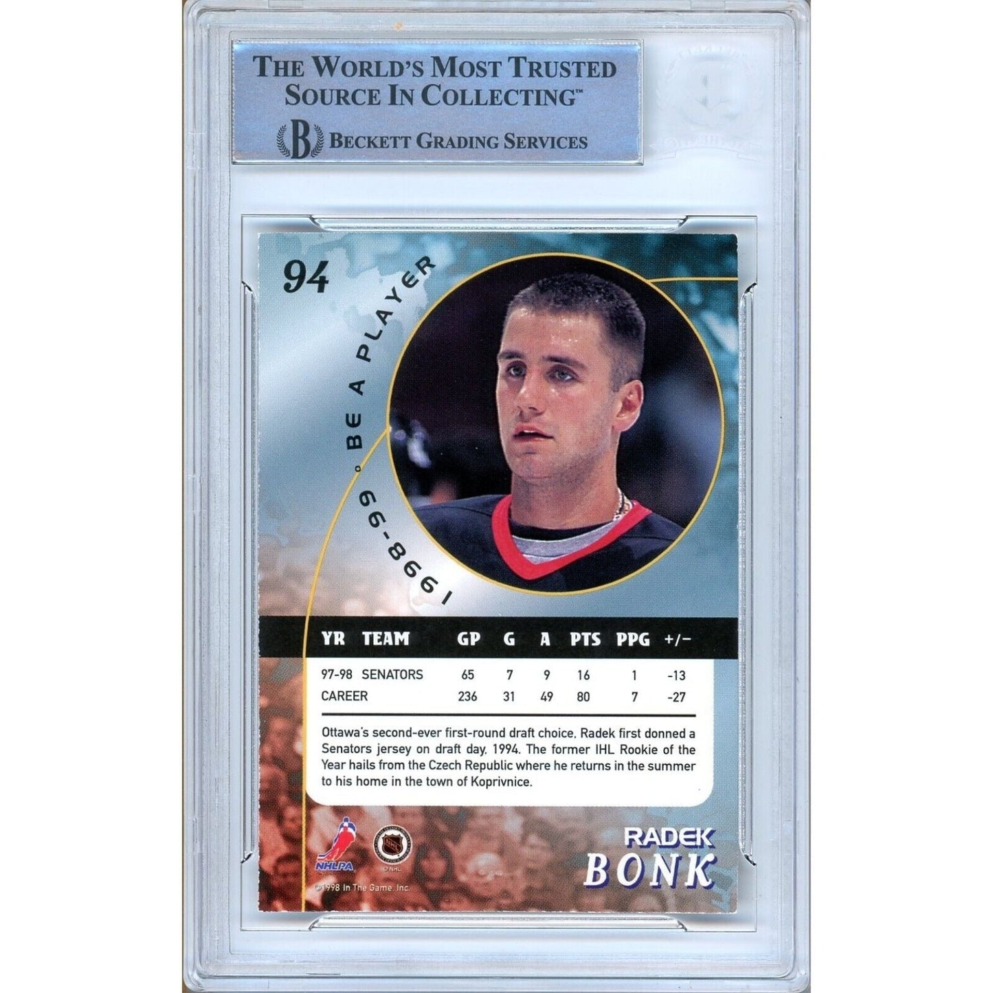 Radek Bonk Ottawa Senators Signed 1998-99 BAP Hockey Card Beckett Authentic Auto Slab