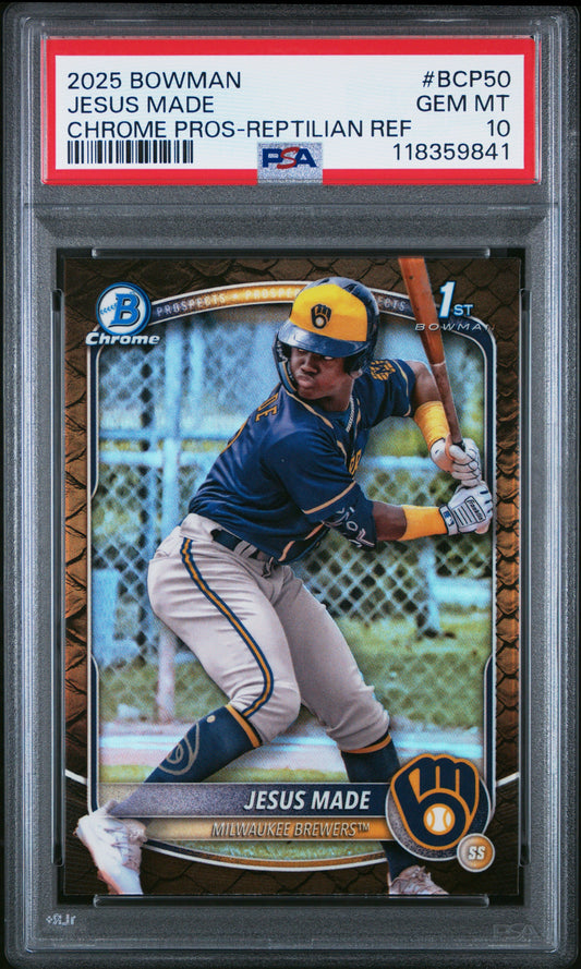 Graded 2025 Topps Bowman Jesus Made #BCP50 Chrome Prospects Reptilian Refractor Rookie RC Baseball Card PSA 10 Gem Mint